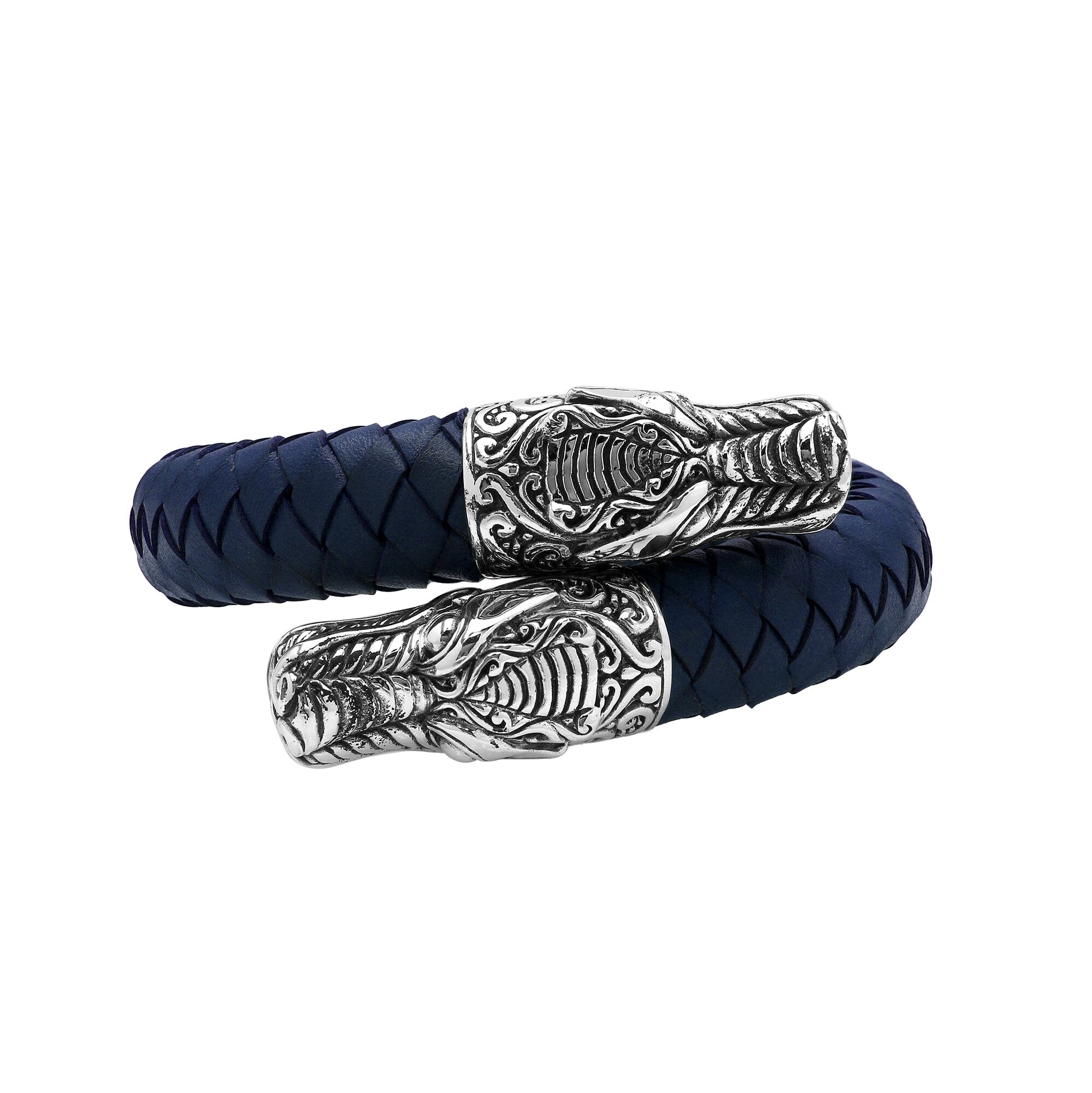 Balinese 925 Sterling Silver Dragon Head Bracelet With Blue Leather For Men