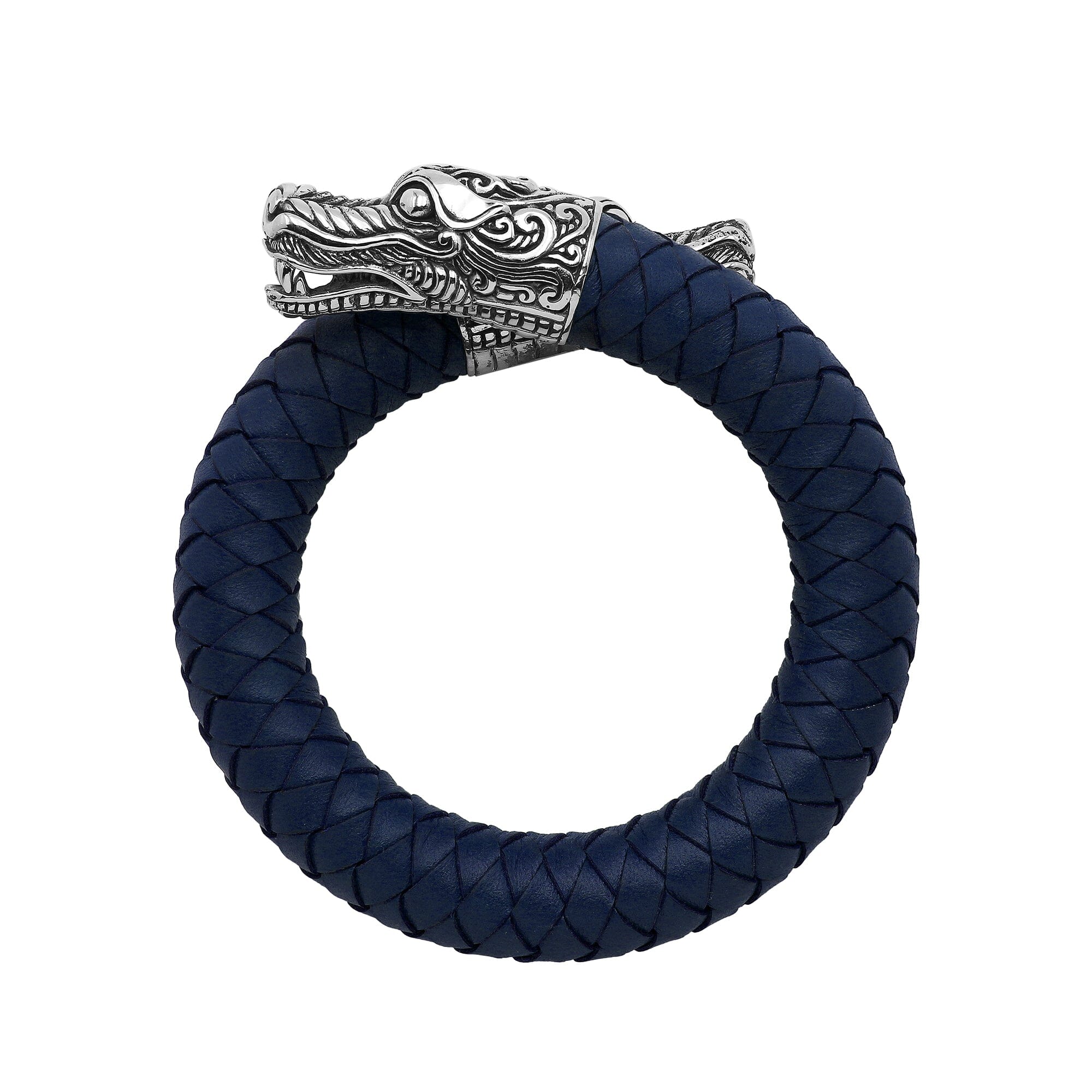 Balinese 925 Sterling Silver Dragon Head Bracelet With Blue Leather For Men