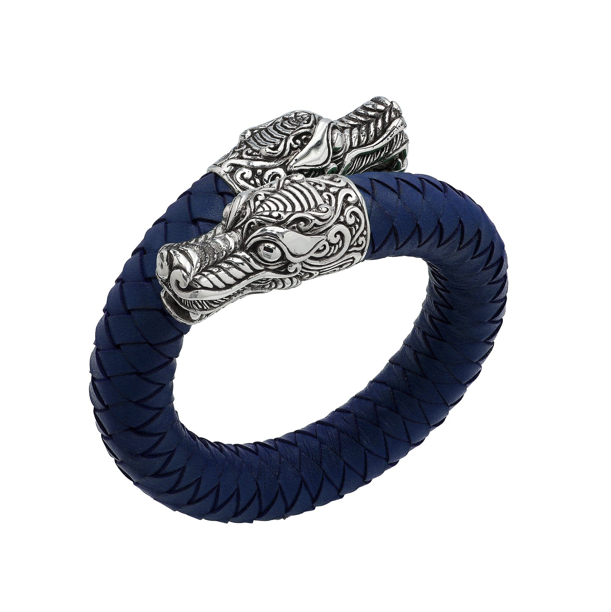 Balinese 925 Sterling Silver Dragon Head Bracelet With Blue Leather For Men