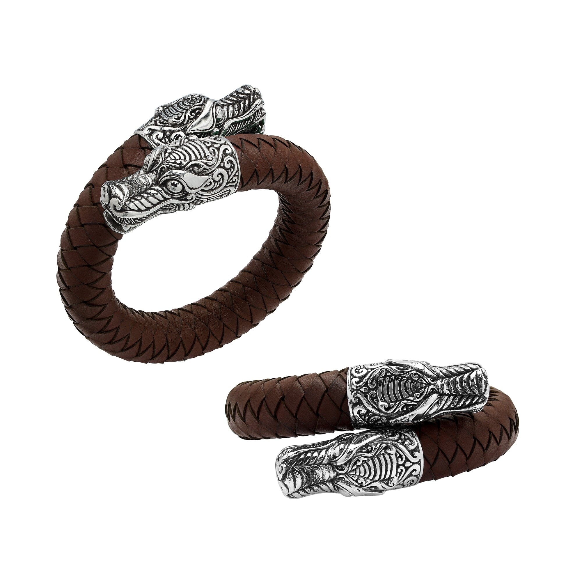 Balinese 925 Sterling Silver Dragon Head Bracelet With Brown Leather For Men