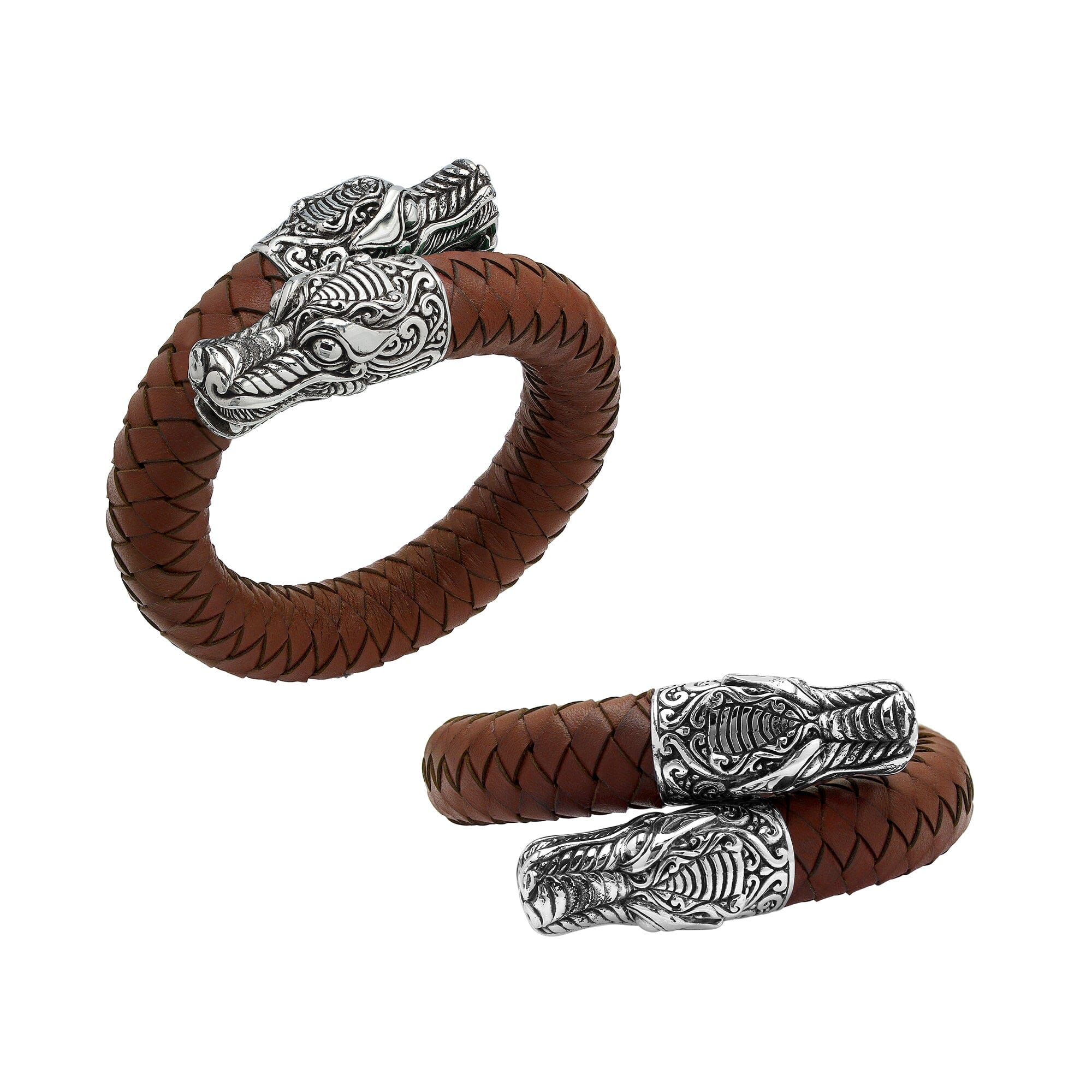 Balinese 925 Sterling Silver Dragon Head Bracelet With Light Brown Leather For Men