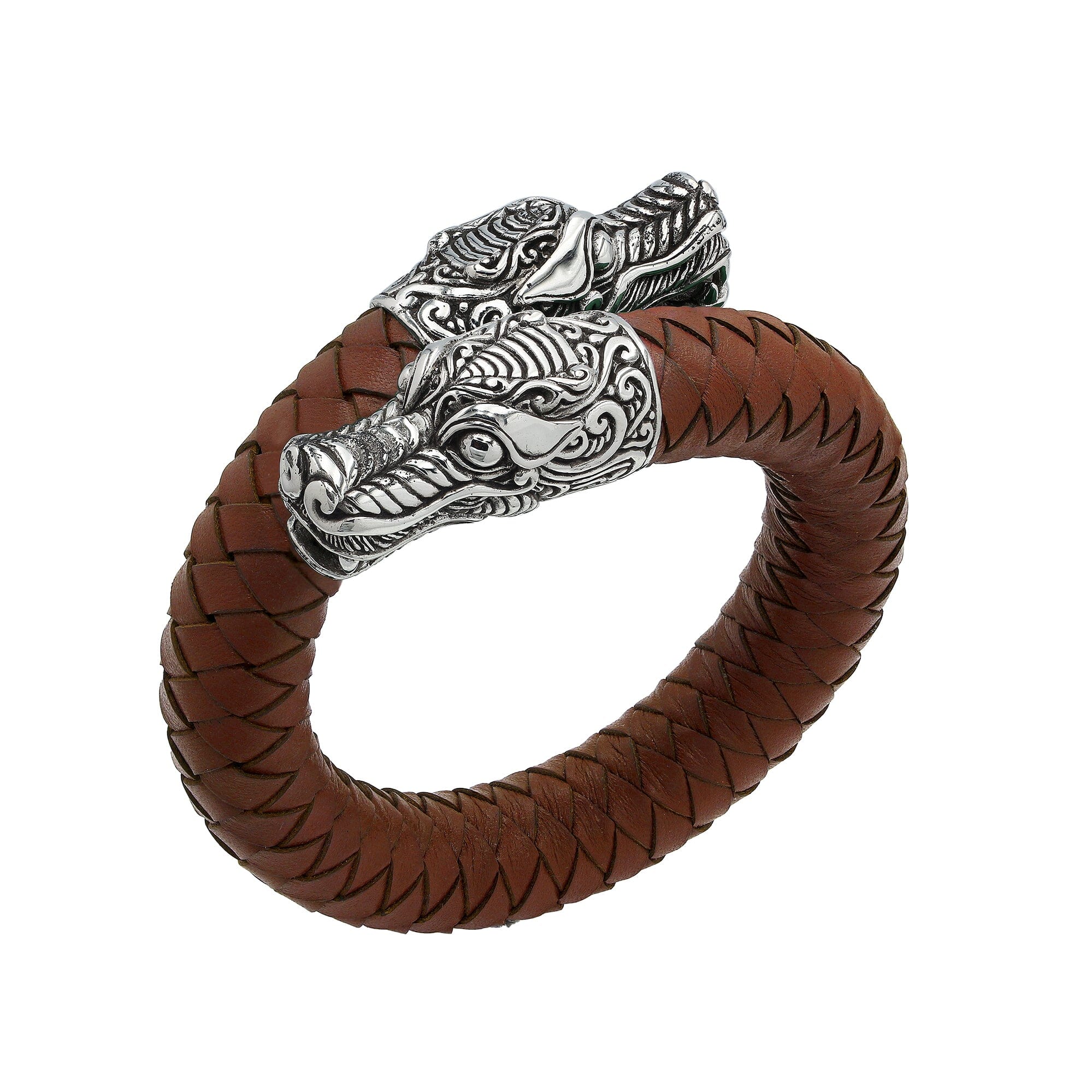 Balinese 925 Sterling Silver Dragon Head Bracelet With Light Brown Leather For Men