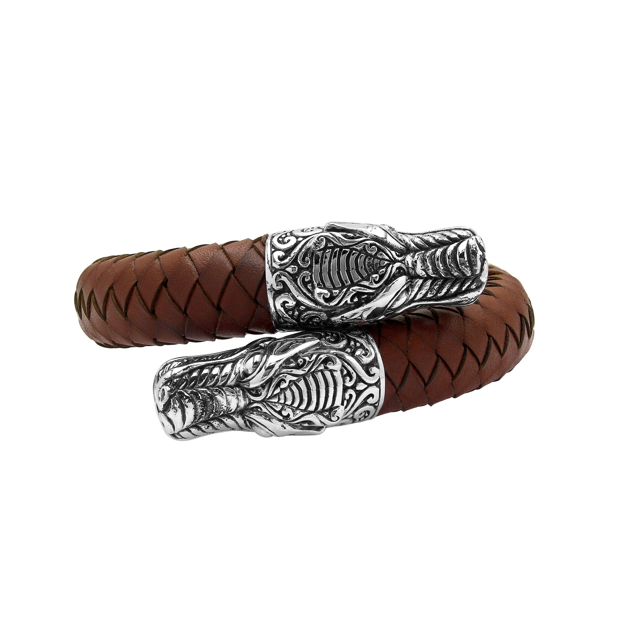 Balinese 925 Sterling Silver Dragon Head Bracelet With Light Brown Leather For Men