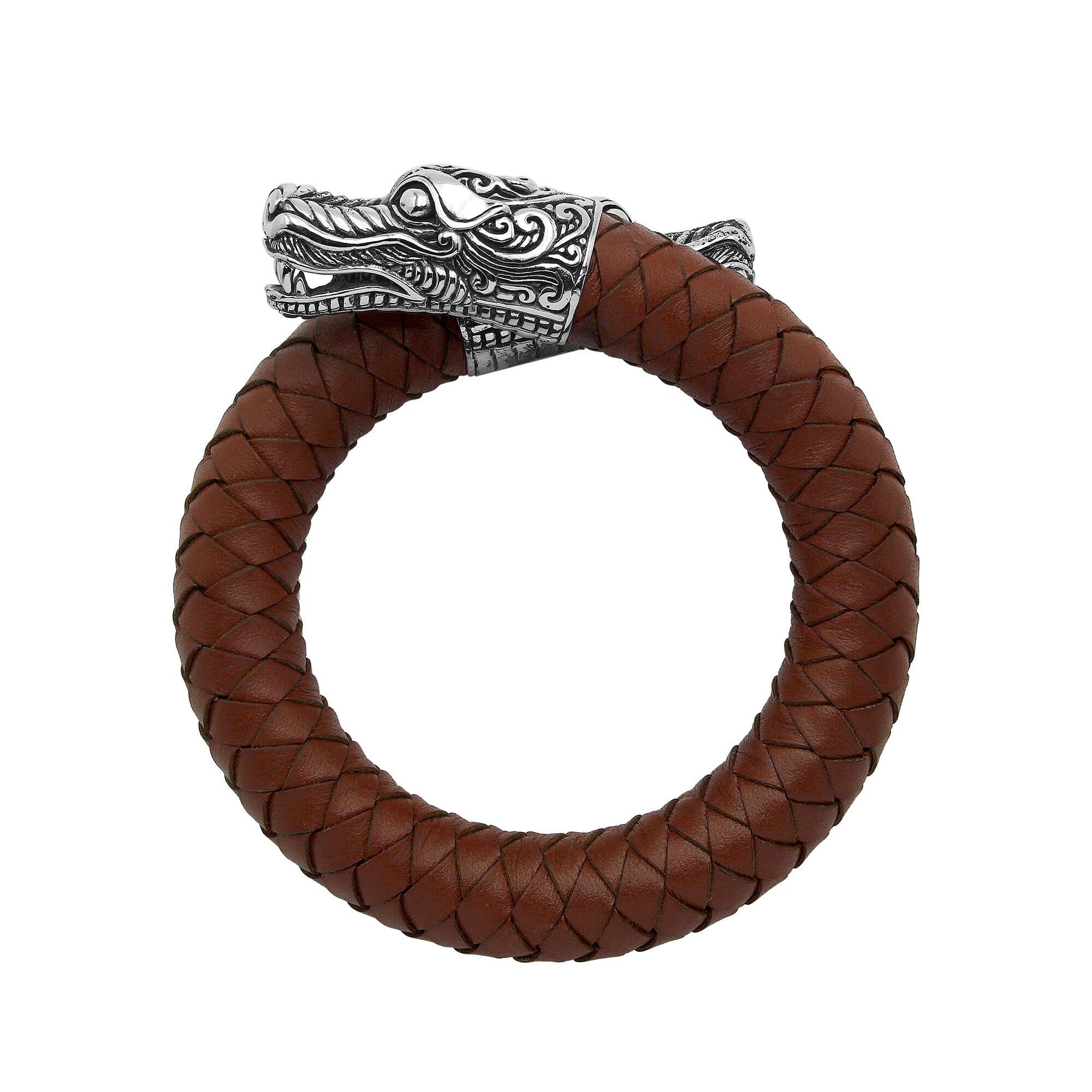 Balinese 925 Sterling Silver Dragon Head Bracelet With Light Brown Leather For Men
