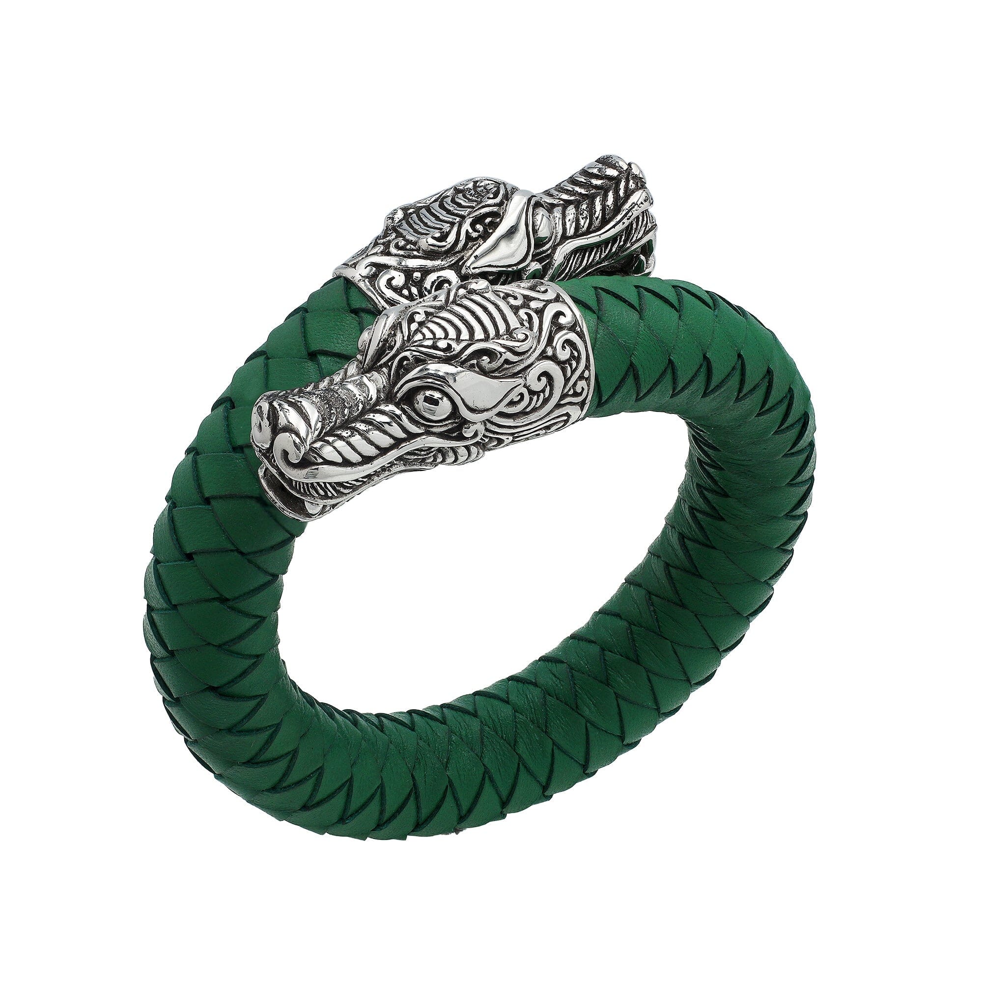 Balinese 925 Sterling Silver Dragon Head Bracelet With Green Leather For Men