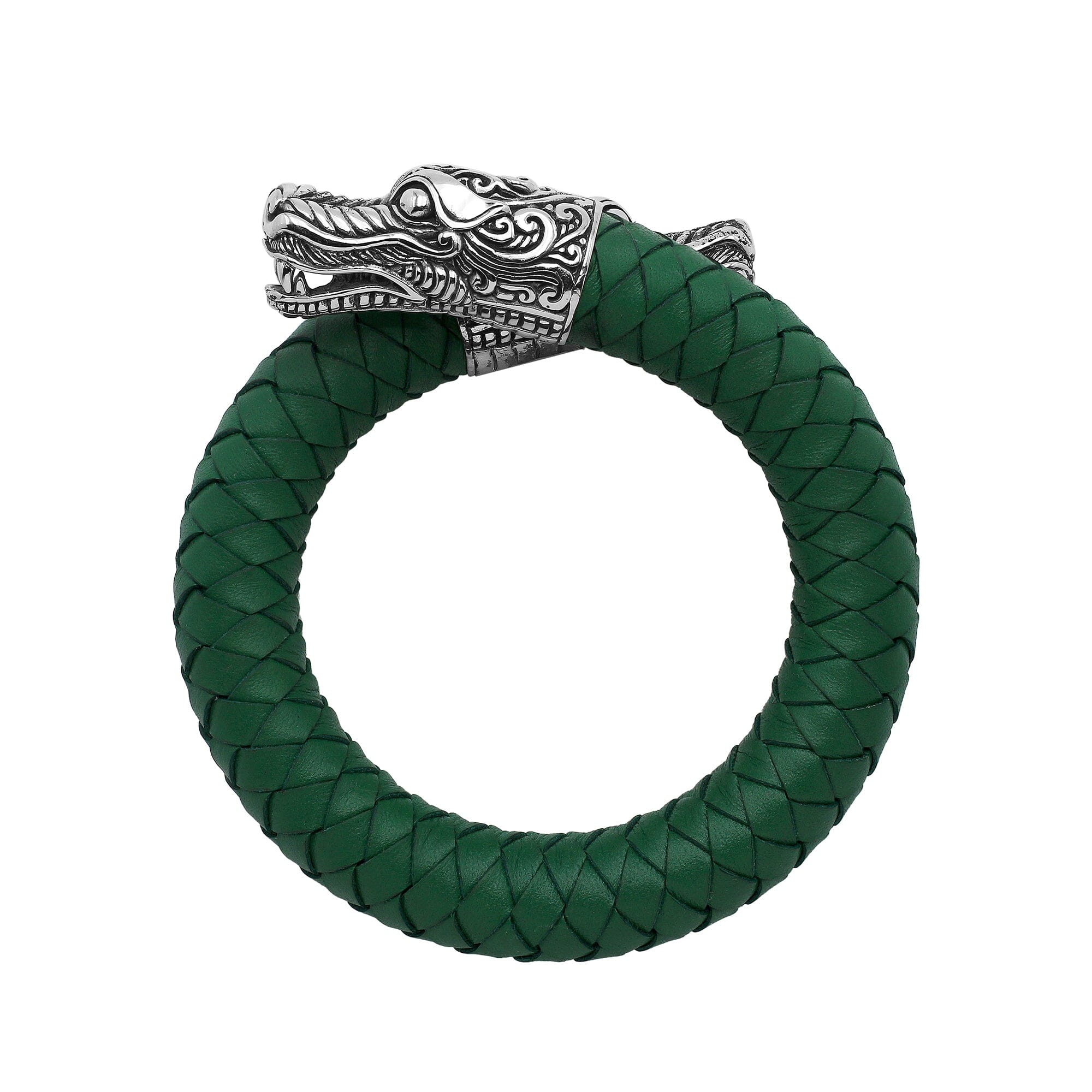 Balinese 925 Sterling Silver Dragon Head Bracelet With Green Leather For Men
