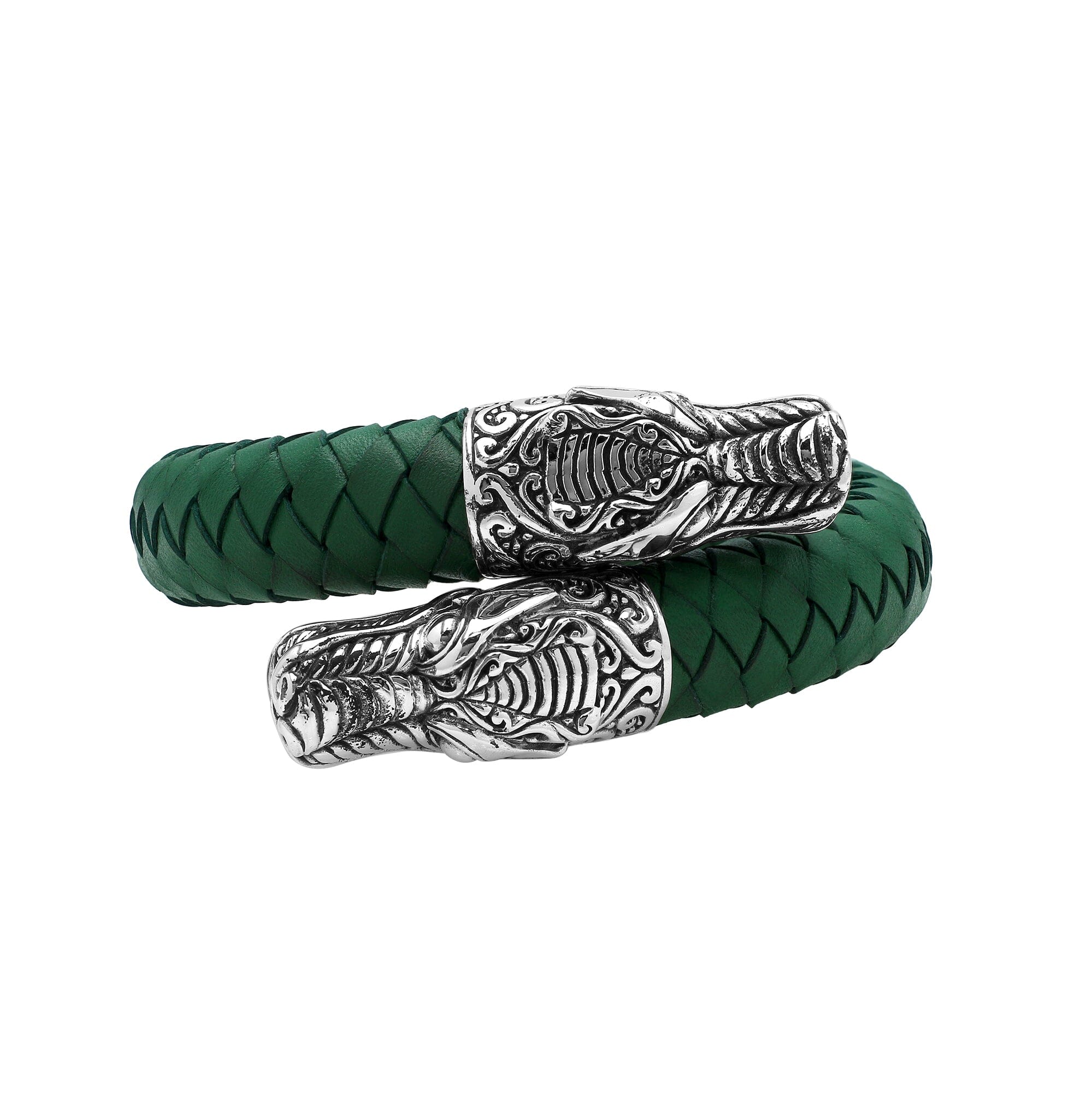 Balinese 925 Sterling Silver Dragon Head Bracelet With Green Leather For Men