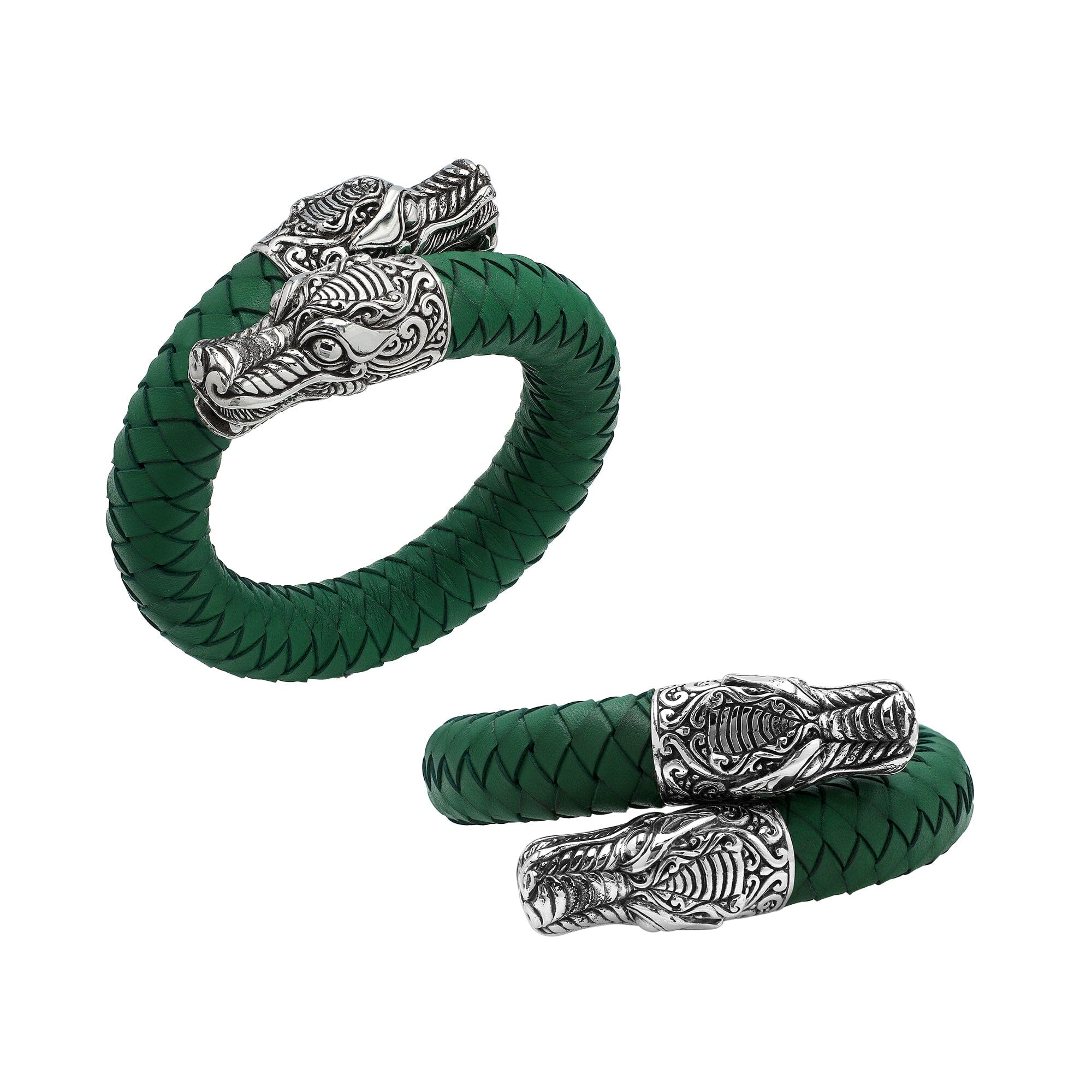 Balinese 925 Sterling Silver Dragon Head Bracelet With Green Leather For Men