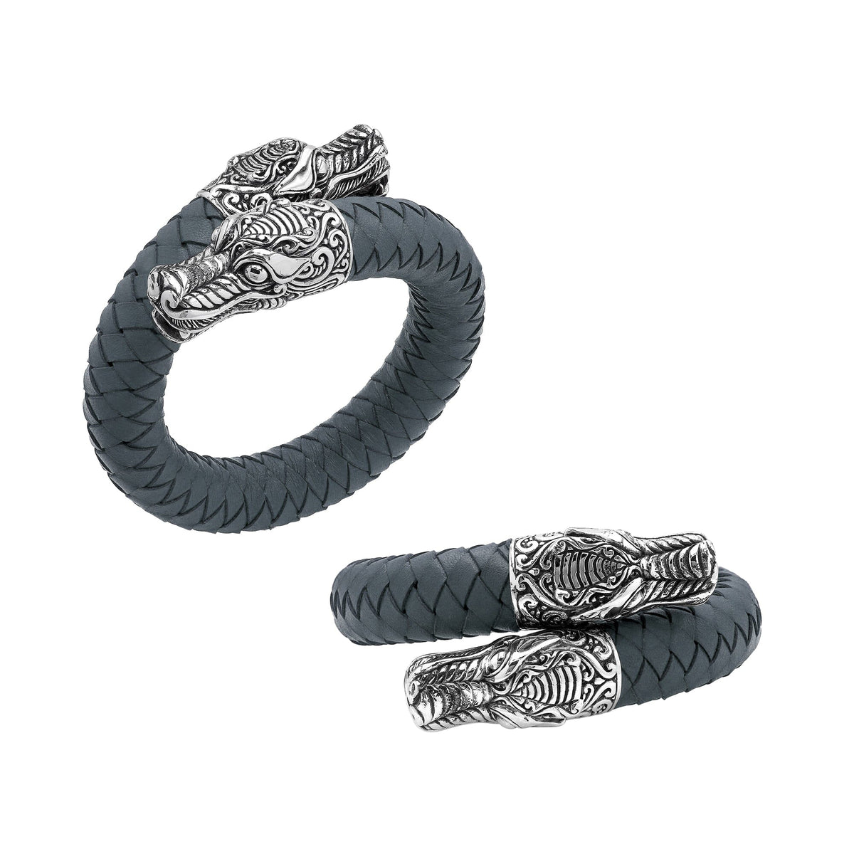 Balinese 925 Sterling Silver Dragon Head Bracelet With Grey Leather For Men