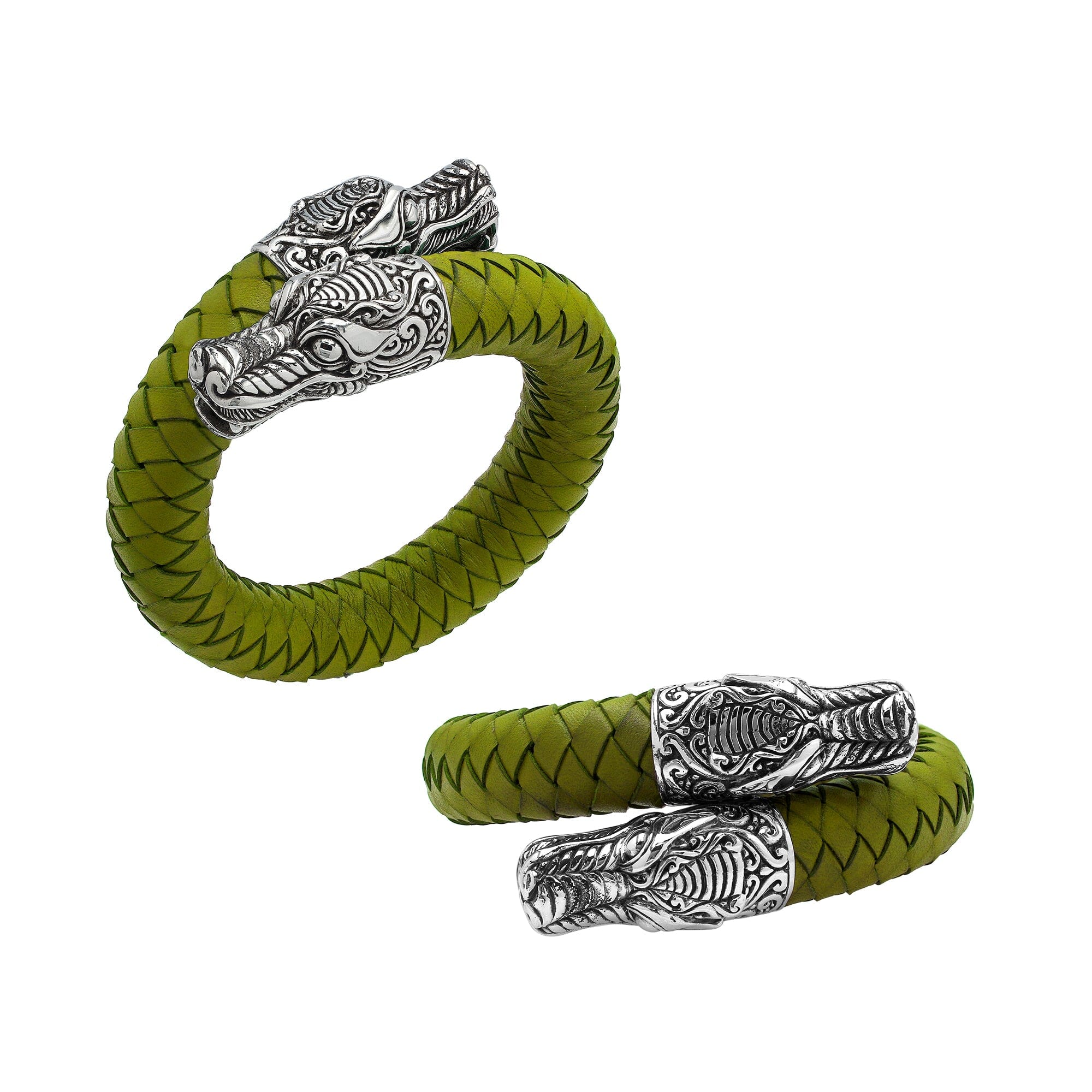 Balinese 925 Sterling Silver Dragon Head Bracelet With Olive Leather For Men