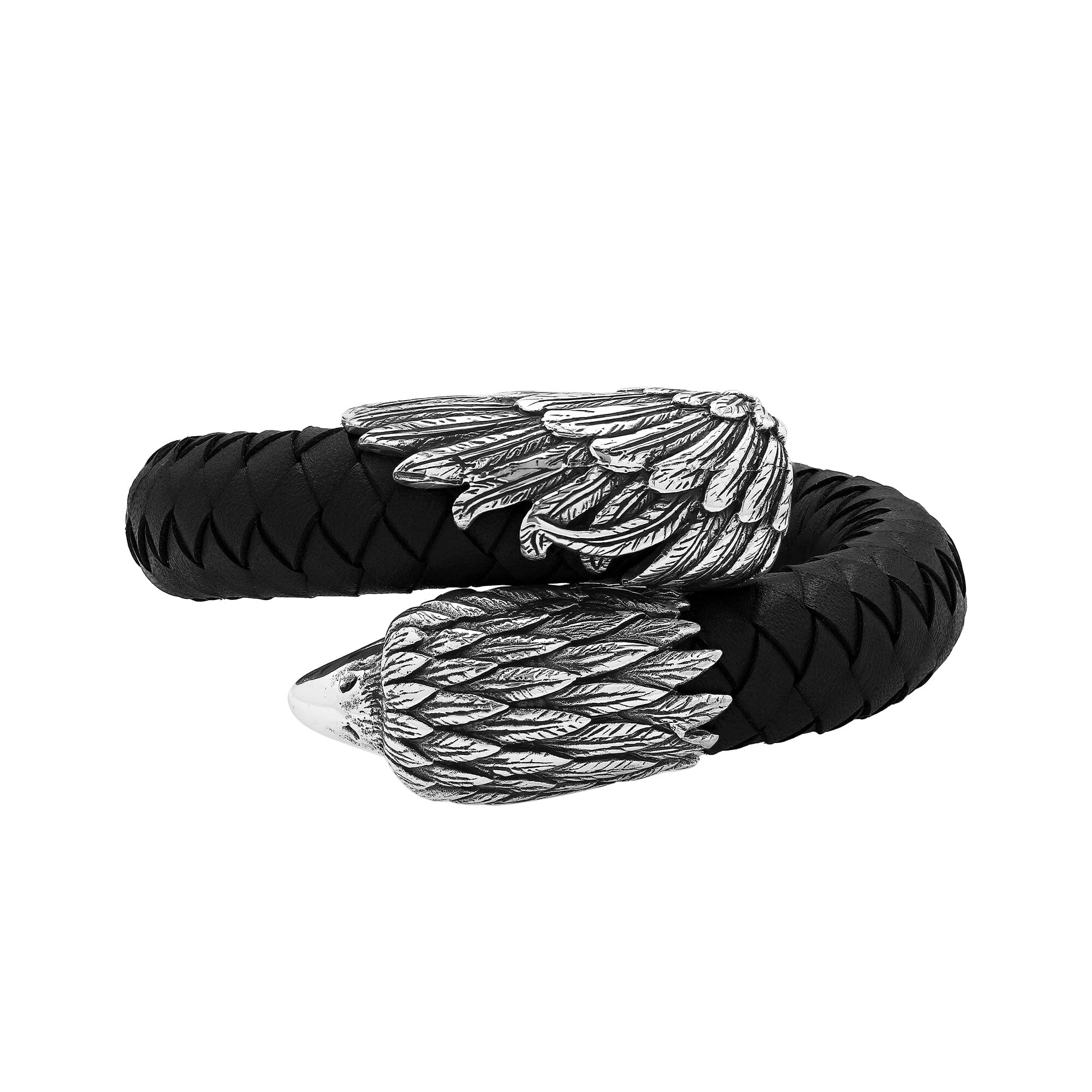 Balinese 925 Sterling Silver Eagle Head Bracelet With Black Leather For Men
