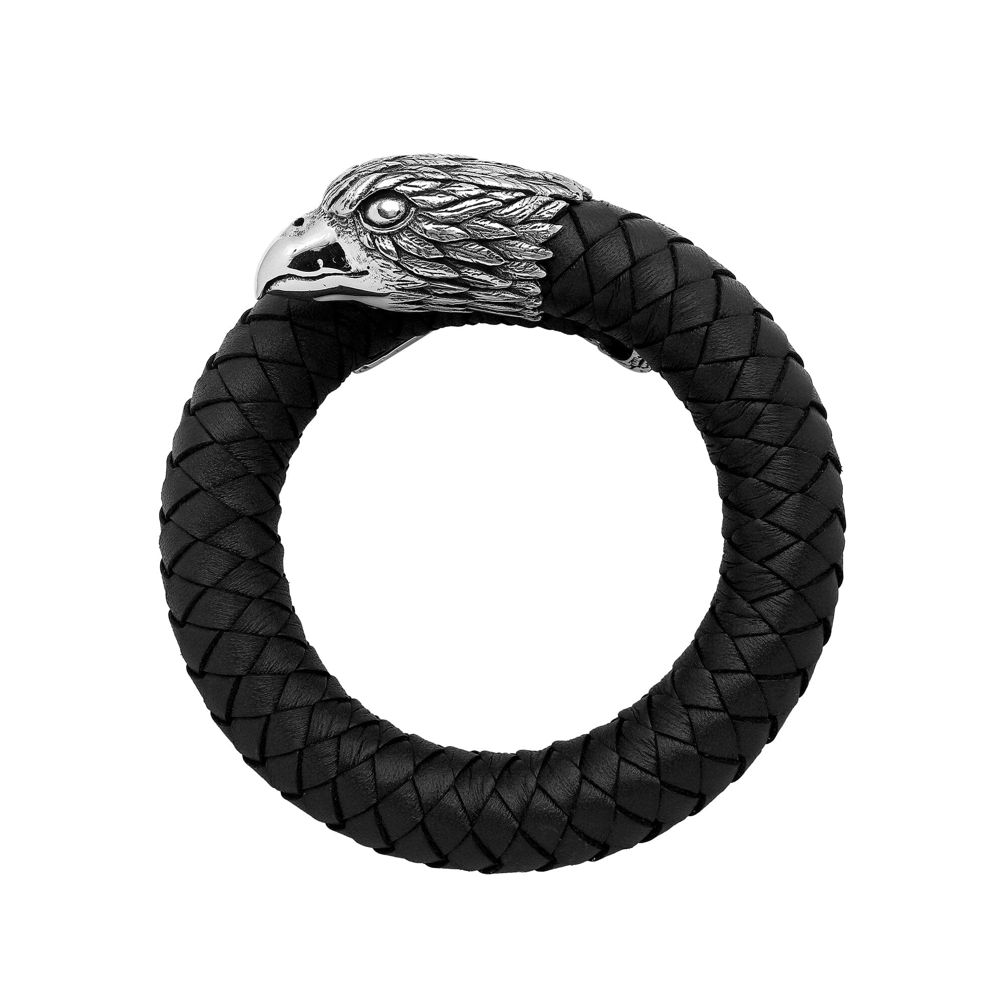 Balinese 925 Sterling Silver Eagle Head Bracelet With Black Leather For Men