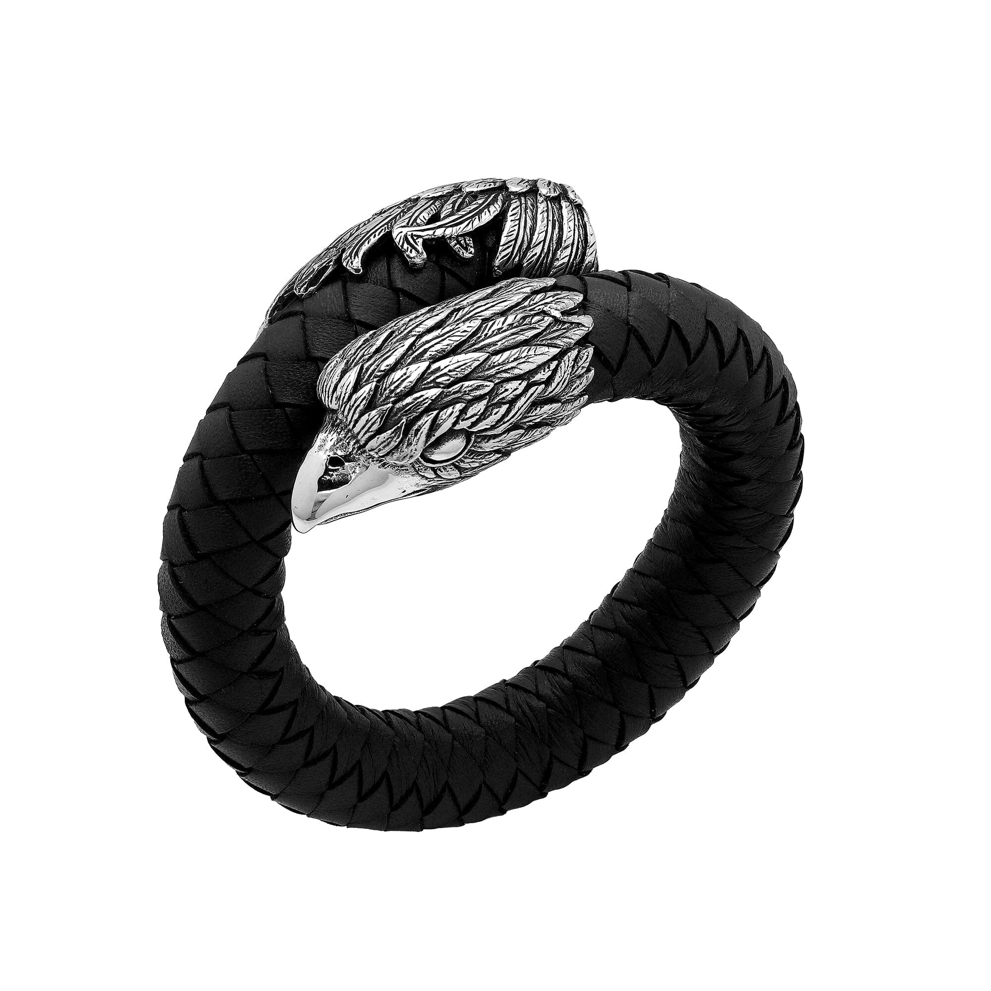 Balinese 925 Sterling Silver Eagle Head Bracelet With Black Leather For Men