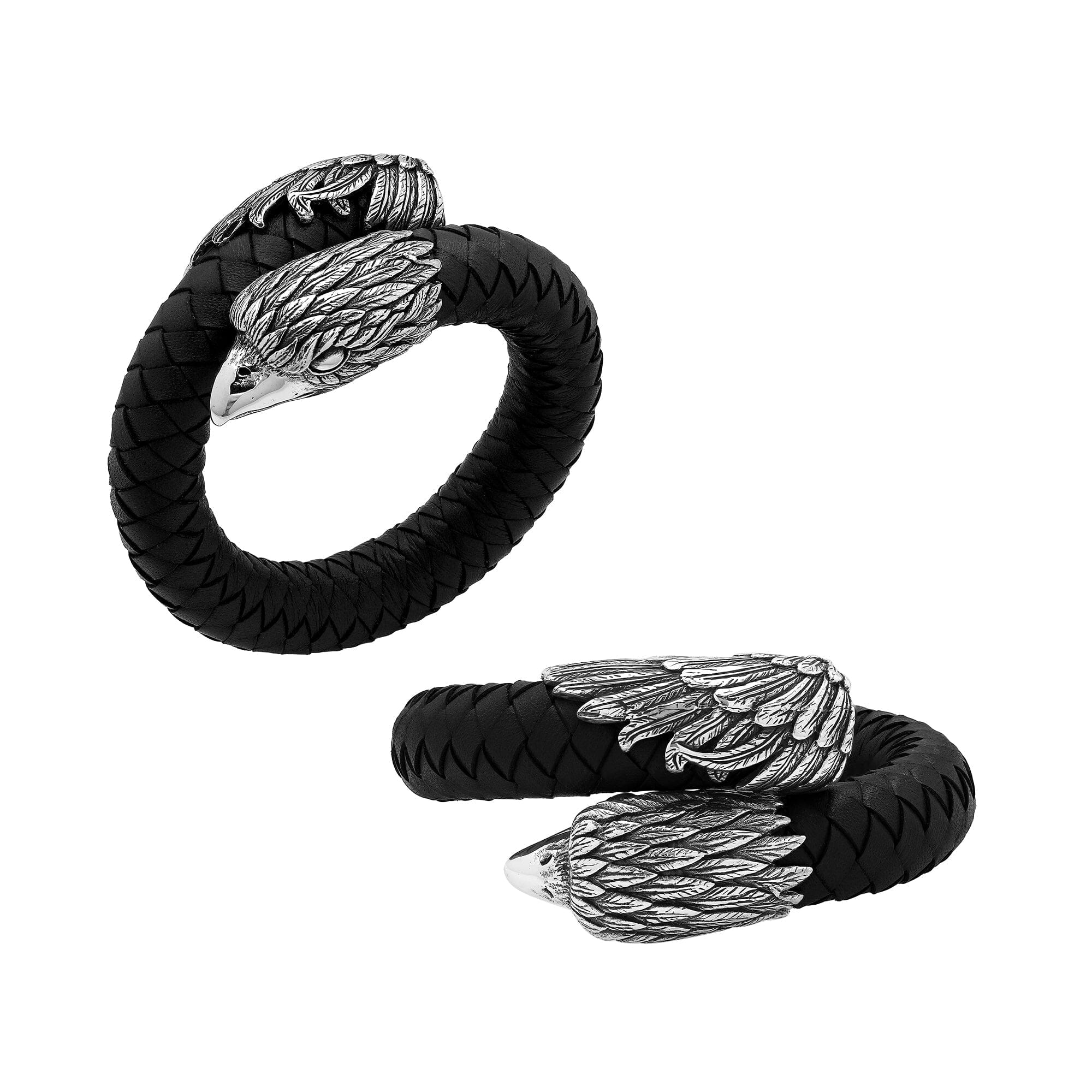 Balinese 925 Sterling Silver Eagle Head Bracelet With Black Leather For Men