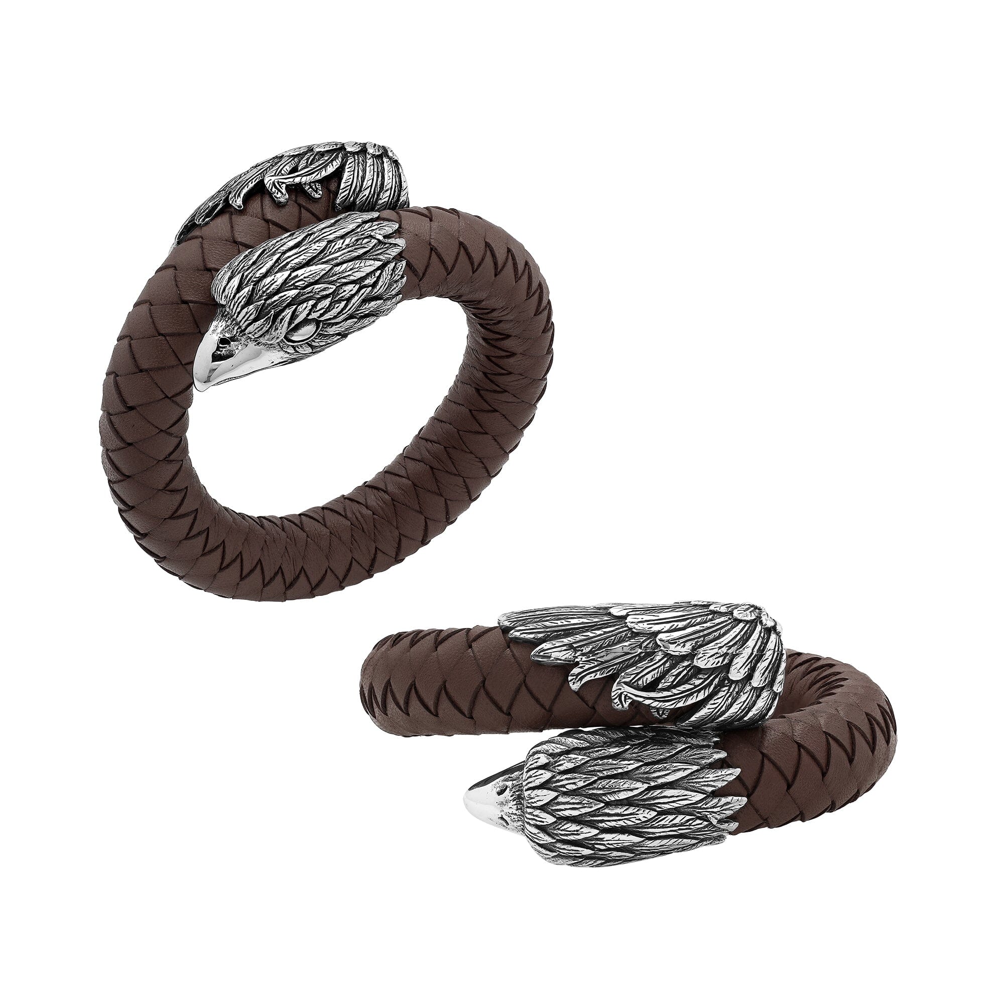 Balinese 925 Sterling Silver Eagle Head Bracelet With Brown Leather For Men