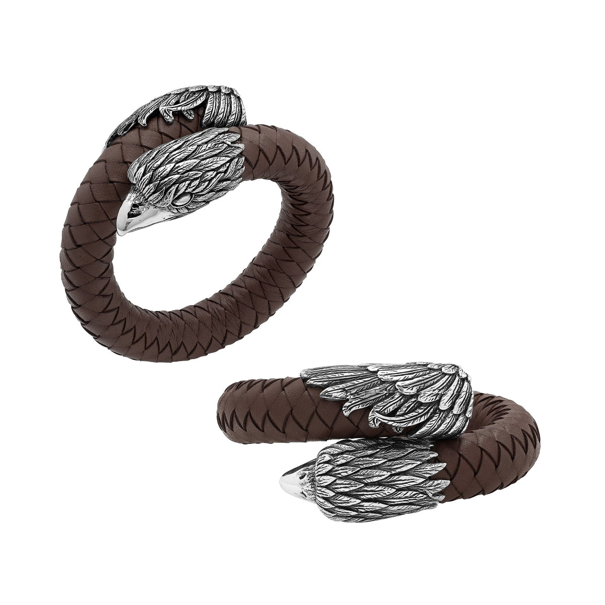 Balinese 925 Sterling Silver Eagle Head Bracelet With Brown Leather For Men