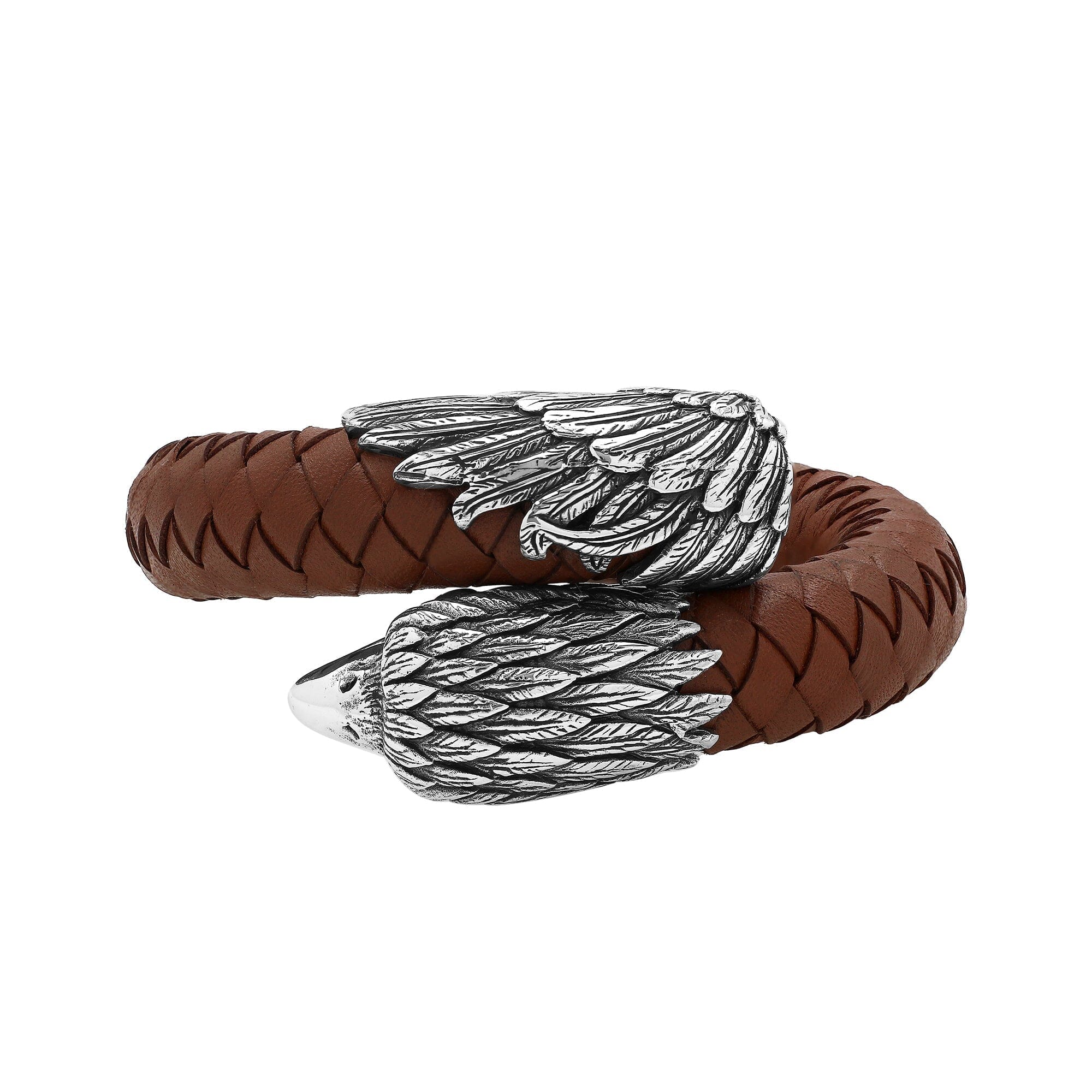 Balinese 925 Sterling Silver Eagle Head Bracelet With Light Brown Leather For Men