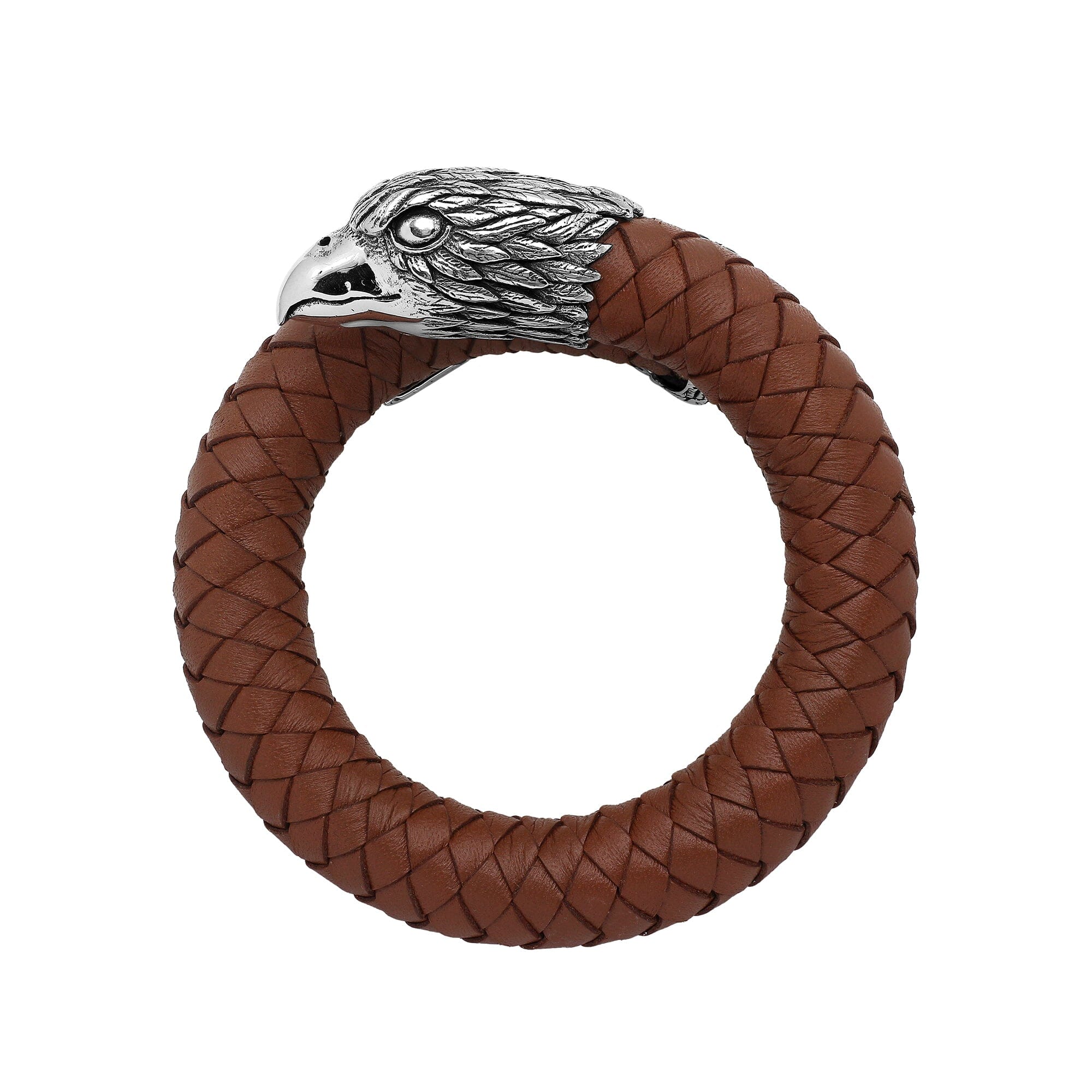 Balinese 925 Sterling Silver Eagle Head Bracelet With Light Brown Leather For Men