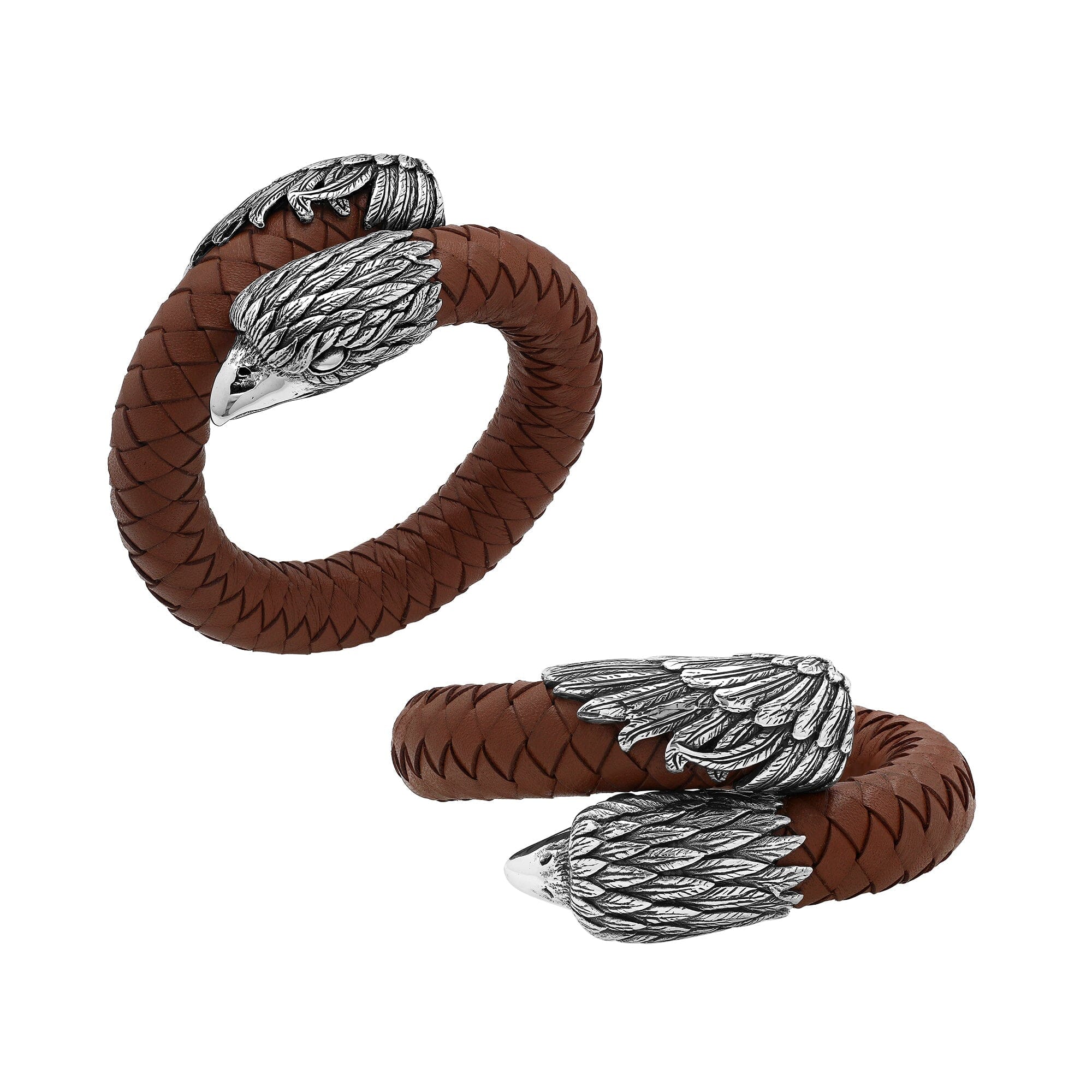 Balinese 925 Sterling Silver Eagle Head Bracelet With Light Brown Leather For Men