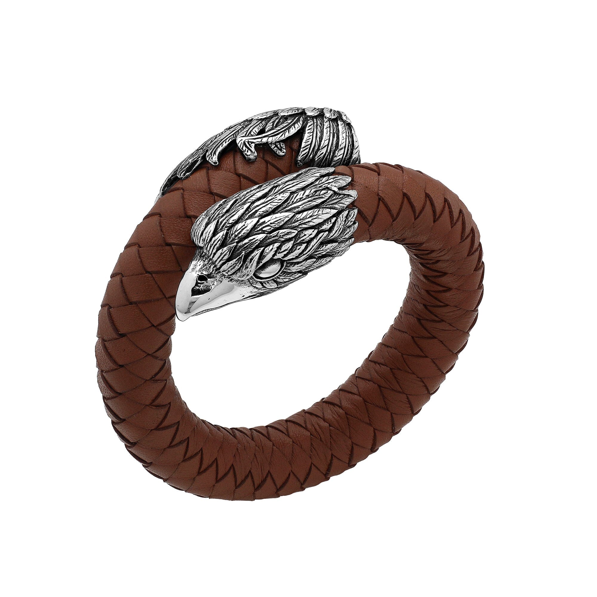 Balinese 925 Sterling Silver Eagle Head Bracelet With Light Brown Leather For Men