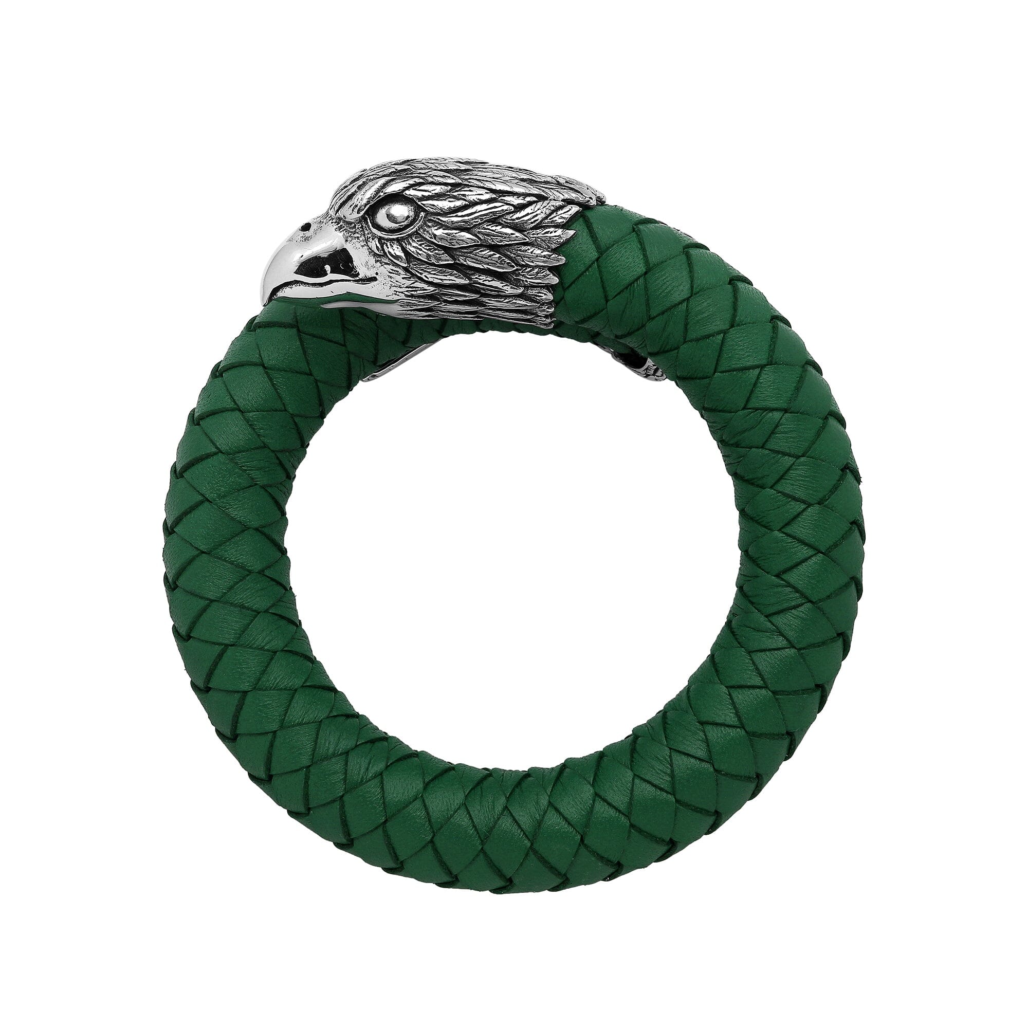 Balinese 925 Sterling Silver Eagle Head Bracelet With Green Leather For Men