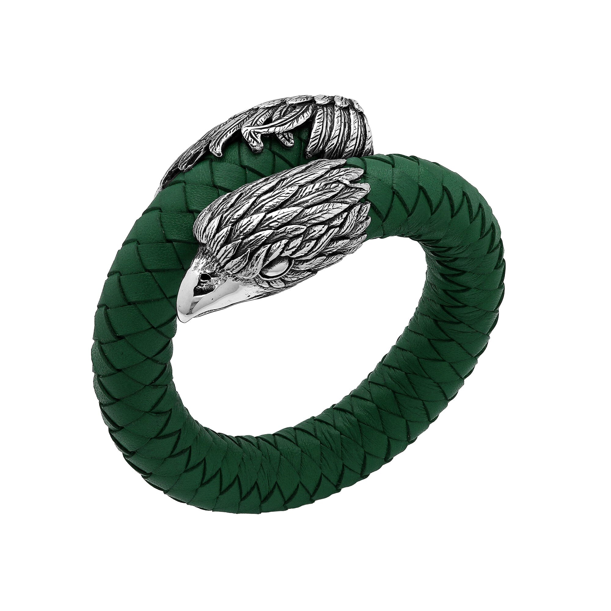 Balinese 925 Sterling Silver Eagle Head Bracelet With Green Leather For Men