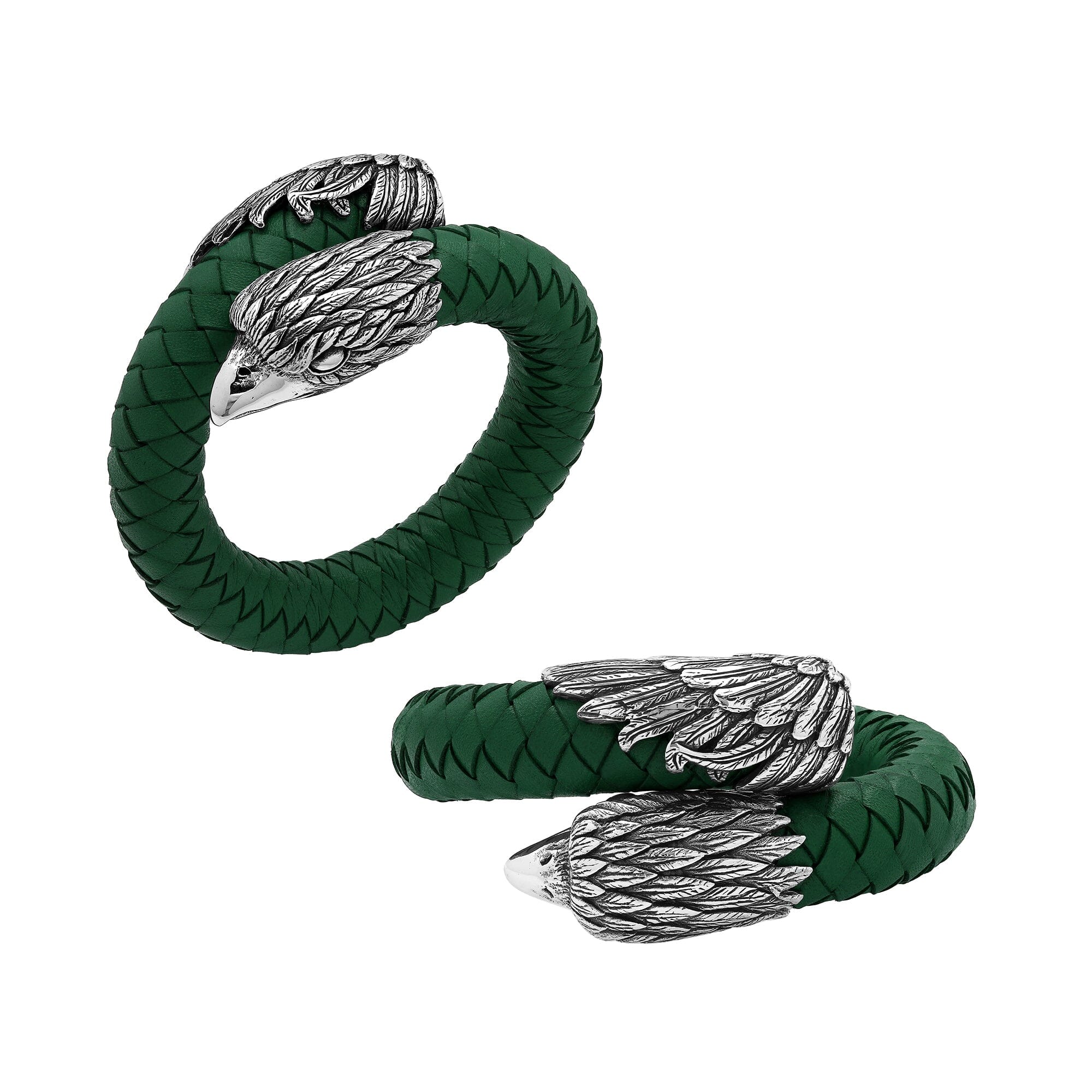 Balinese 925 Sterling Silver Eagle Head Bracelet With Green Leather For Men