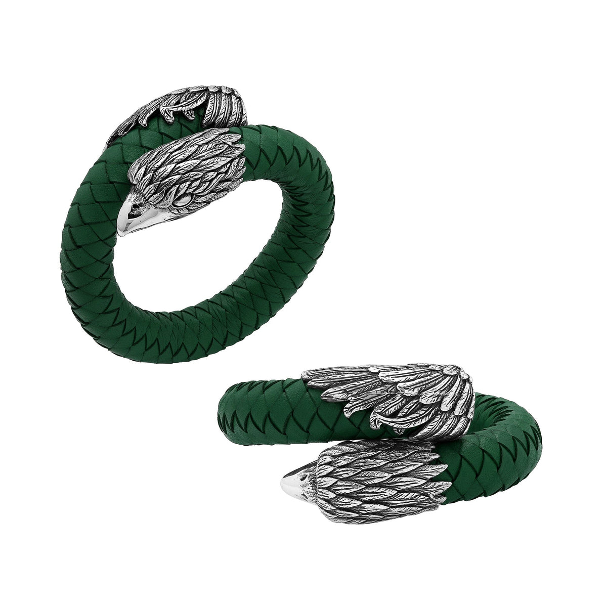 Balinese 925 Sterling Silver Eagle Head Bracelet With Green Leather For Men