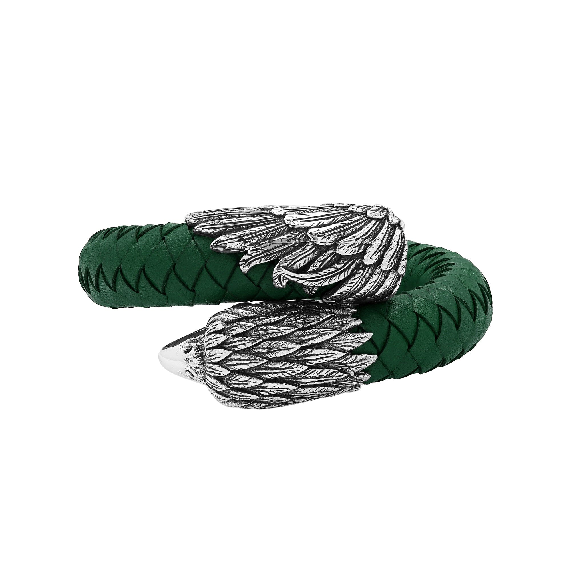 Balinese 925 Sterling Silver Eagle Head Bracelet With Green Leather For Men