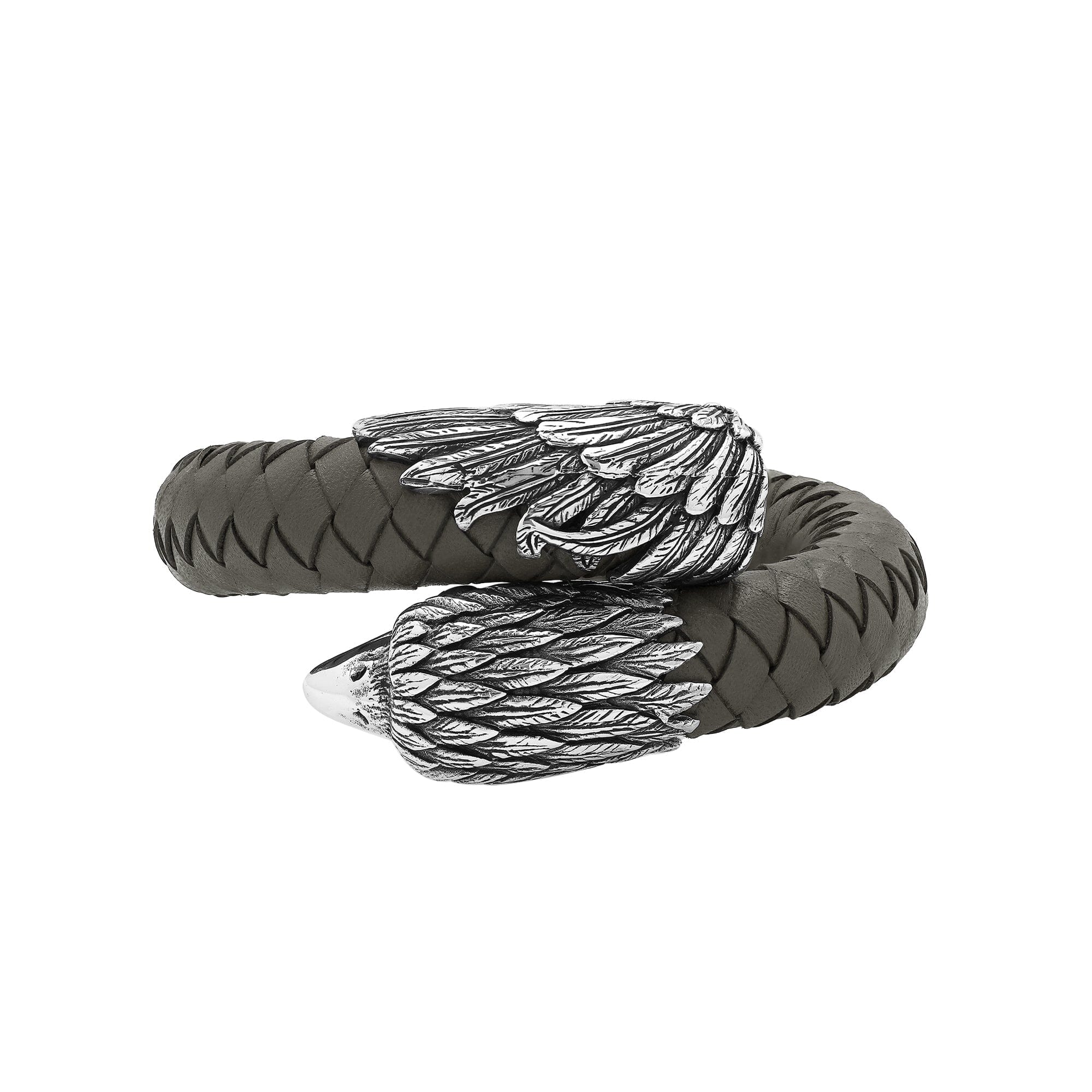 Balinese 925 Sterling Silver Eagle Head Bracelet With Grey Leather For Men