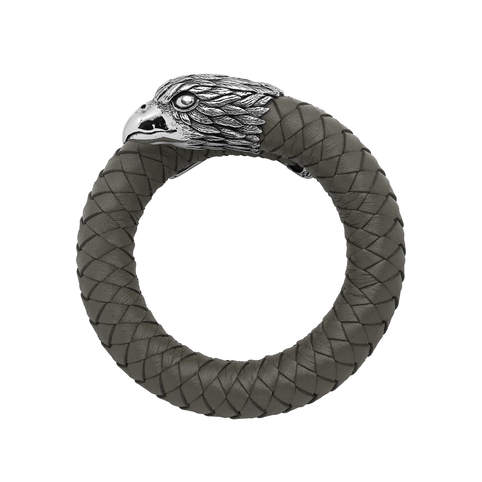 Balinese 925 Sterling Silver Eagle Head Bracelet With Grey Leather For Men