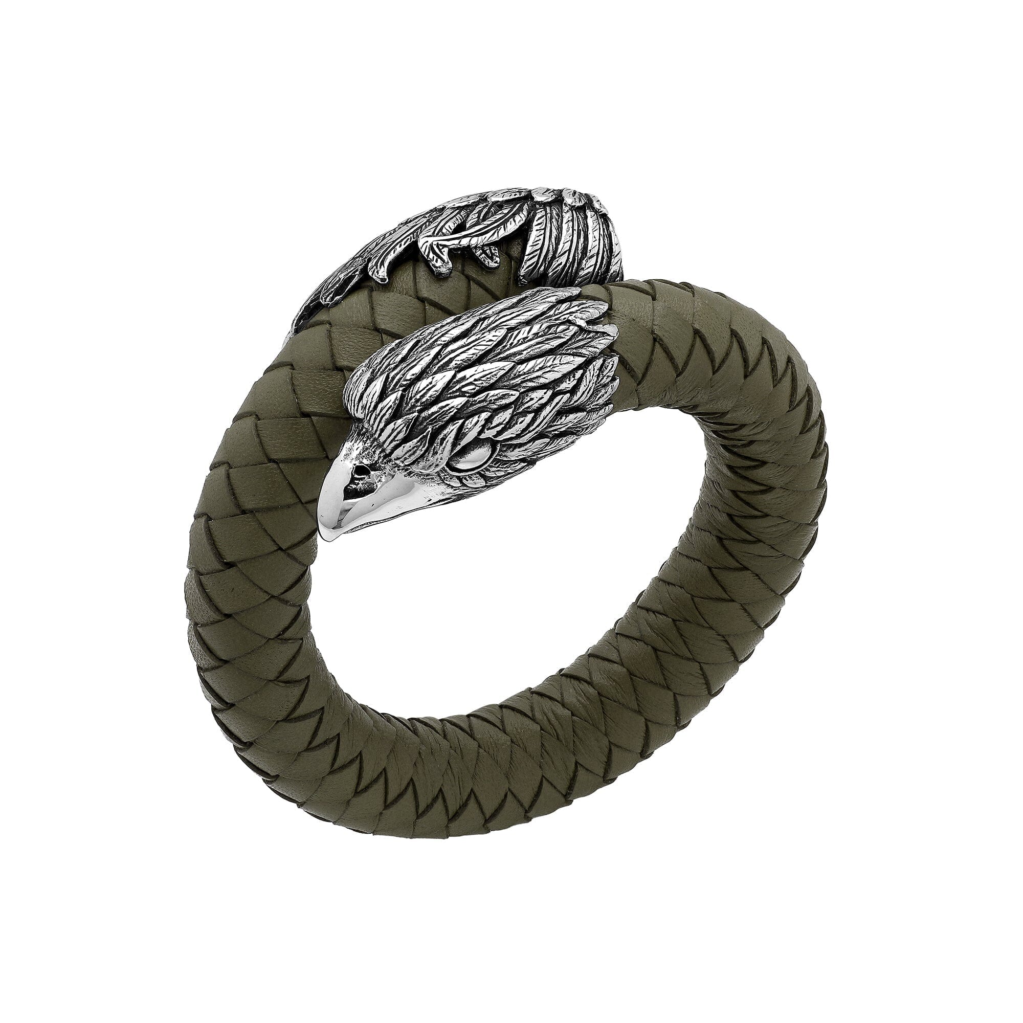Balinese 925 Sterling Silver Eagle Head Bracelet With Olive Leather For Men