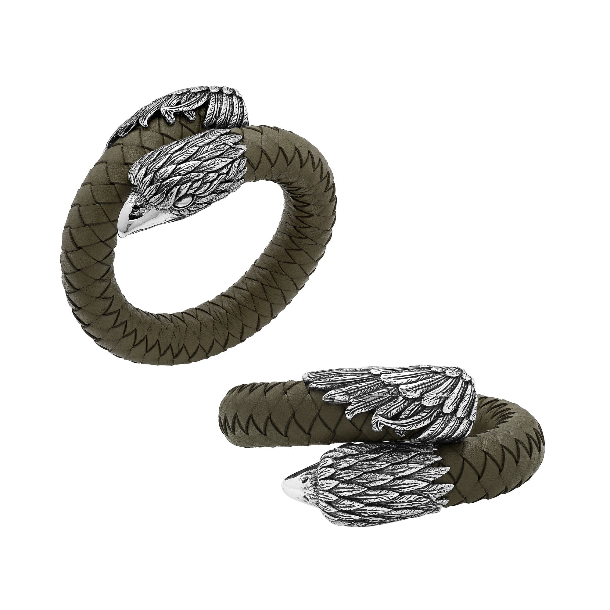 Balinese 925 Sterling Silver Eagle Head Bracelet With Olive Leather For Men