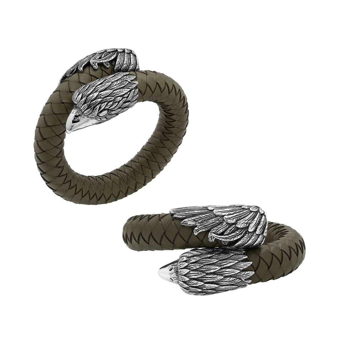 Balinese 925 Sterling Silver Eagle Head Bracelet With Olive Leather For Men