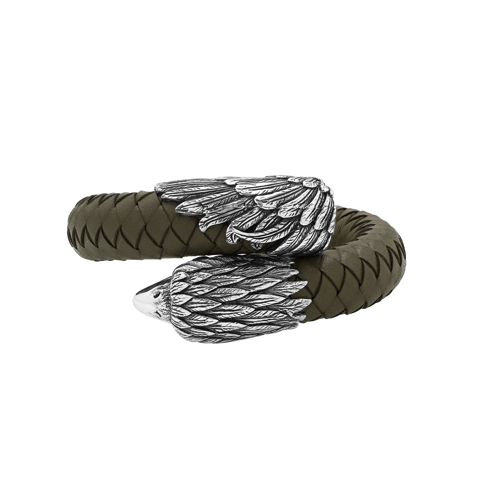 Balinese 925 Sterling Silver Eagle Head Bracelet With Olive Leather For Men