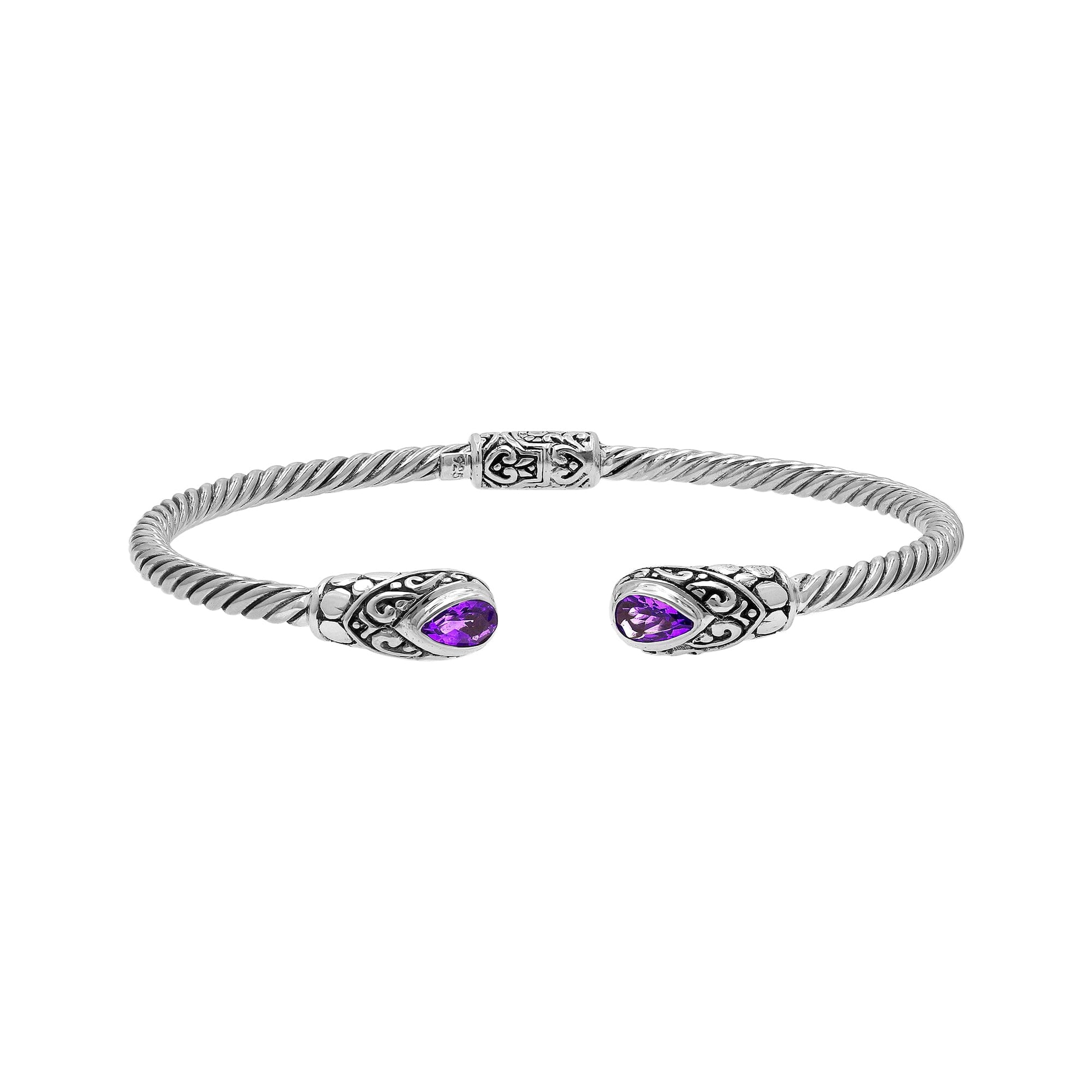 Balinese 925 Sterling Silver Bangle With Amethyst Quartz Stones For Women