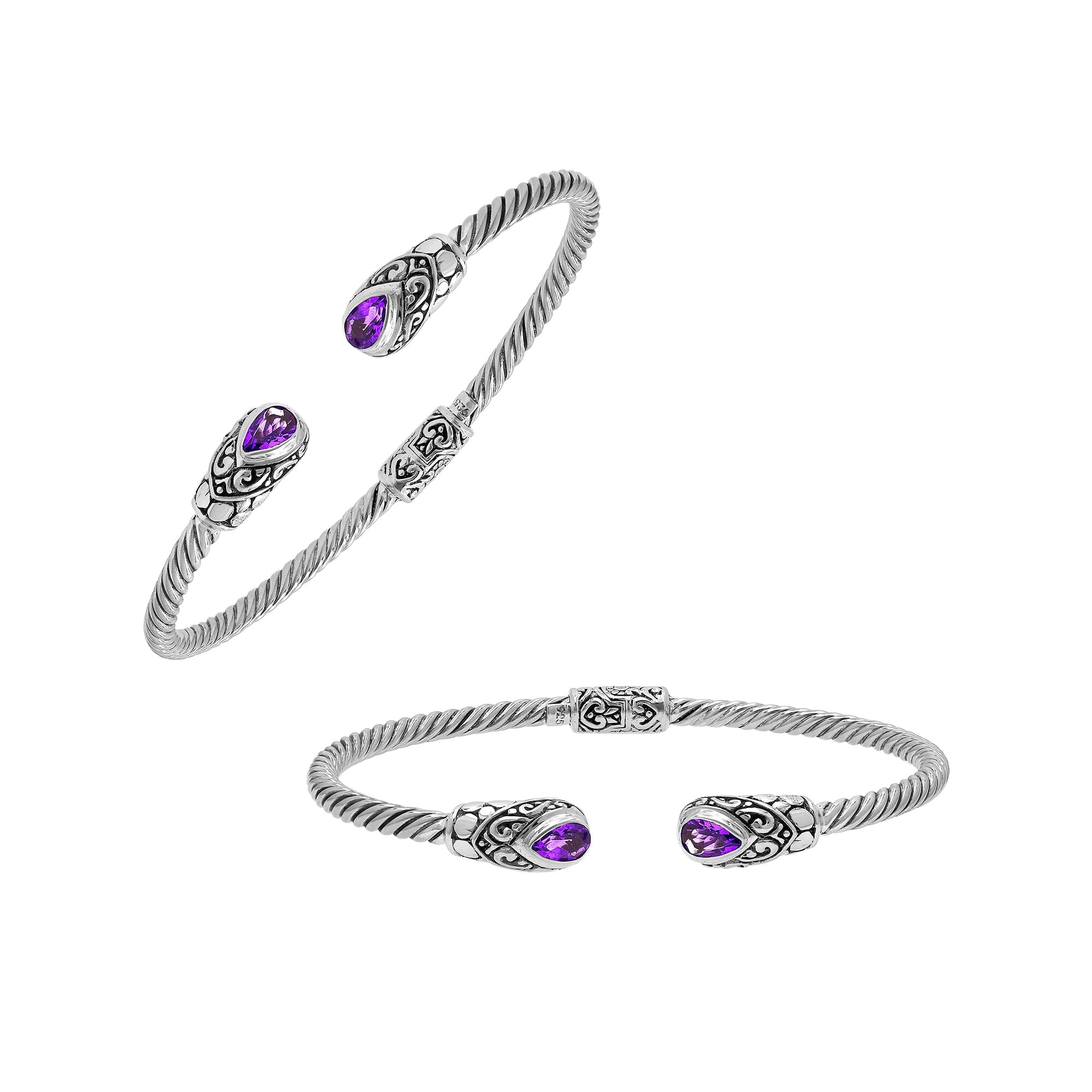 Balinese 925 Sterling Silver Bangle With Amethyst Quartz Stones For Women