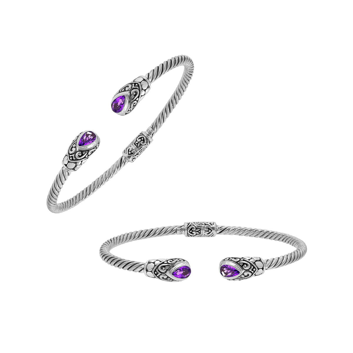 Balinese 925 Sterling Silver Bangle With Amethyst Quartz Stones For Women
