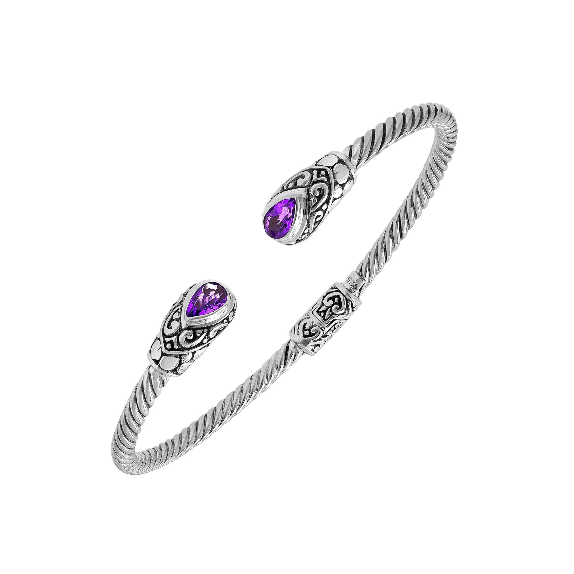 Balinese 925 Sterling Silver Bangle With Amethyst Quartz Stones For Women