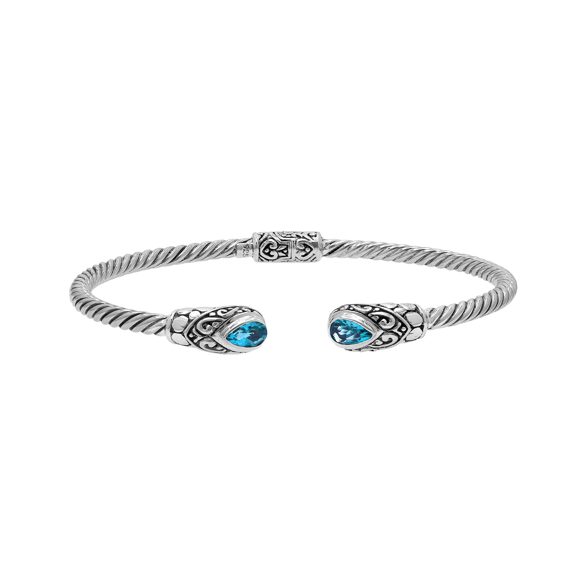 Balinese Blue Topaz Quartz Silver Bangle With Twisted Cable Design And Hinge Lock