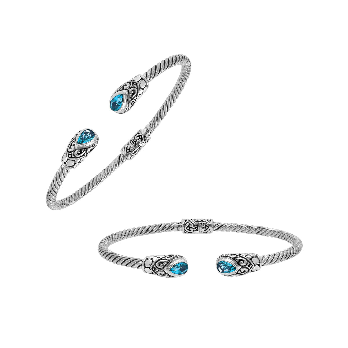 Balinese Blue Topaz Quartz Silver Bangle With Twisted Cable Design And Hinge Lock