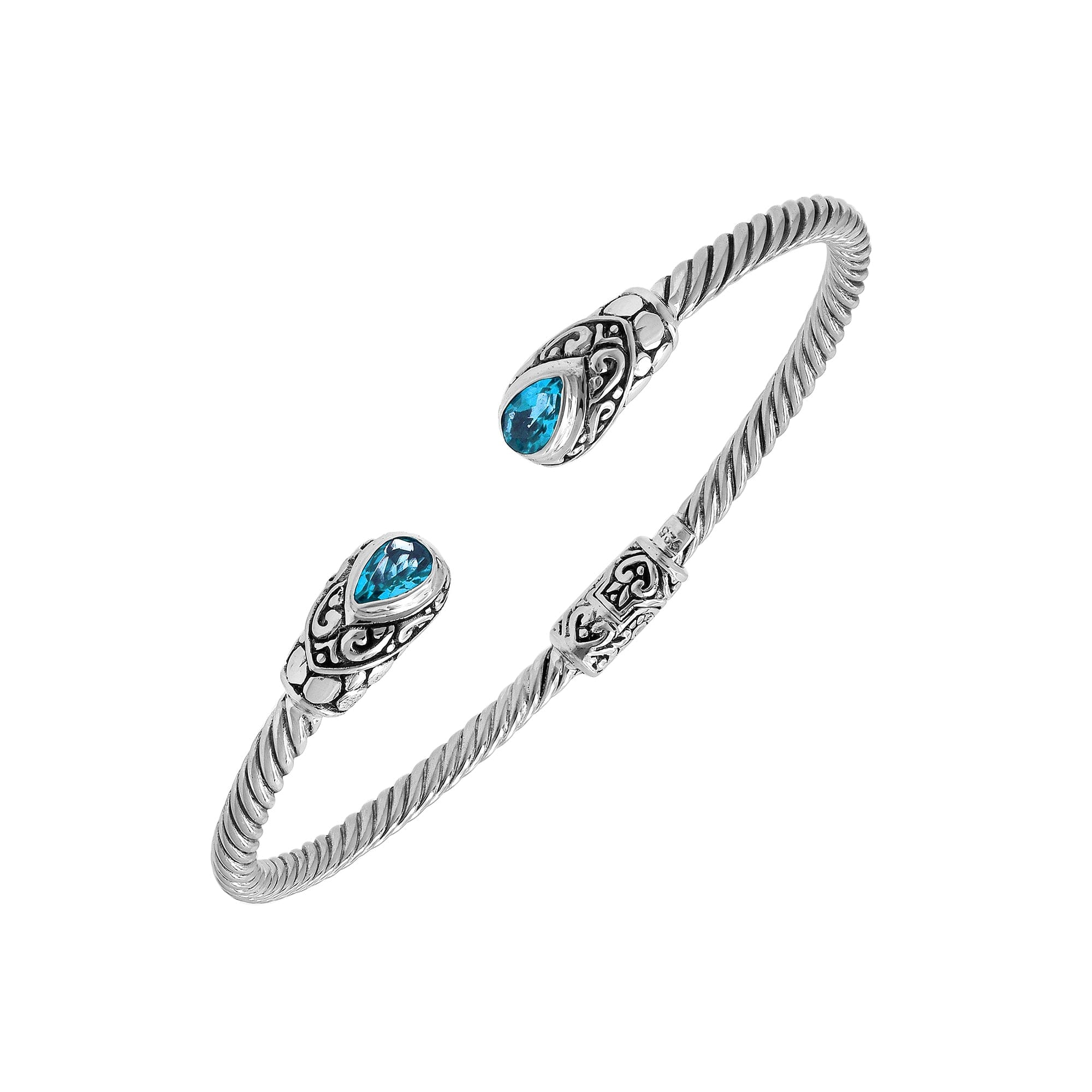 Balinese Blue Topaz Quartz Silver Bangle With Twisted Cable Design And Hinge Lock