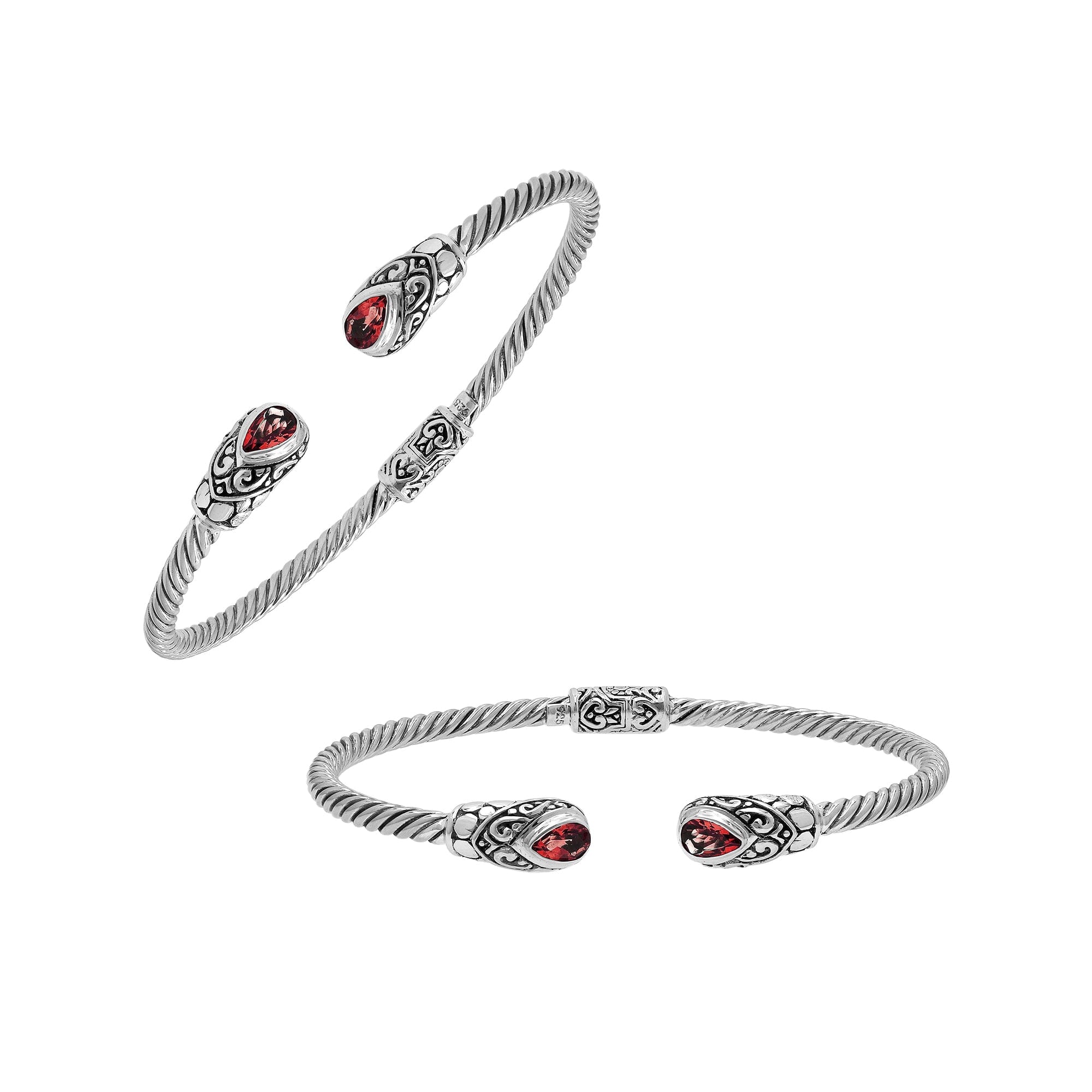 Sterling silver Balinese cuff bangle with Garnet Quartz charms and ornate scroll design.