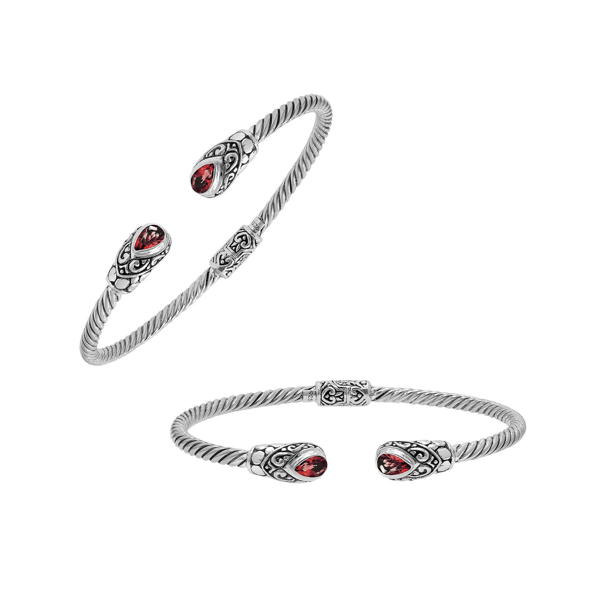 Sterling silver Balinese cuff bangle with Garnet Quartz charms and ornate scroll design.