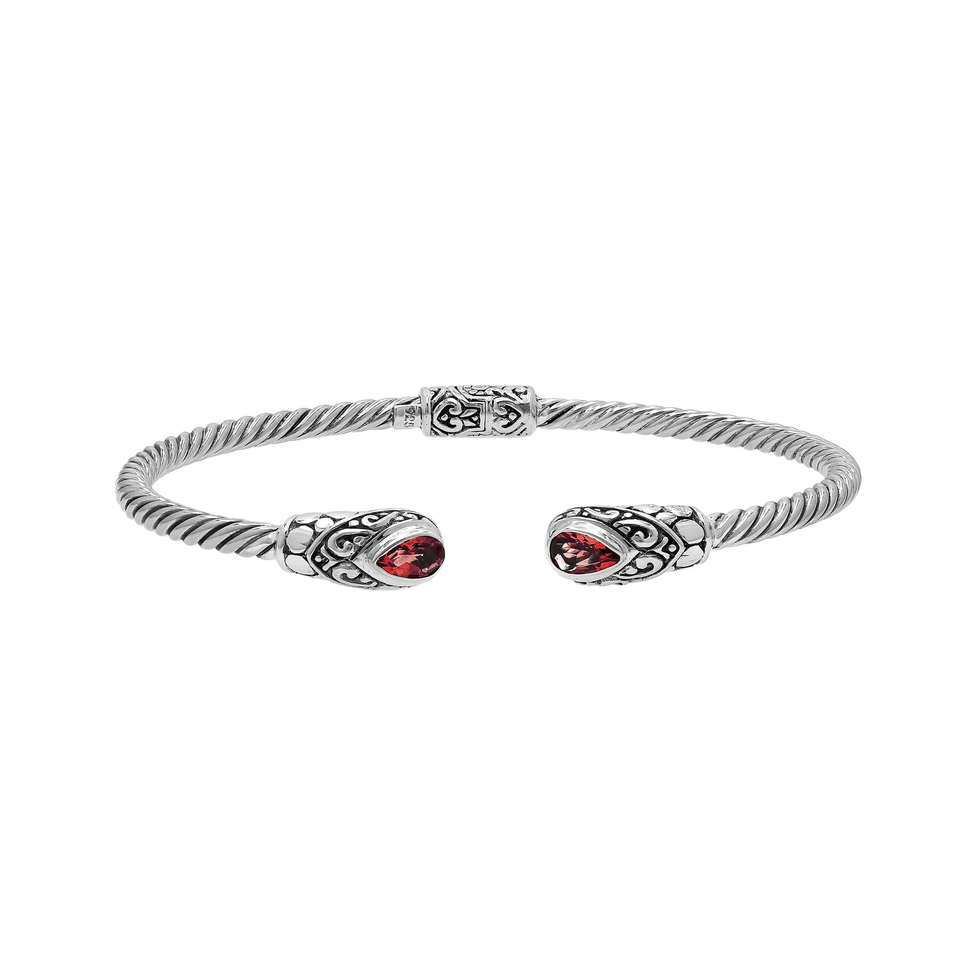 Sterling silver Balinese cuff bangle with Garnet Quartz charms and ornate scroll design.