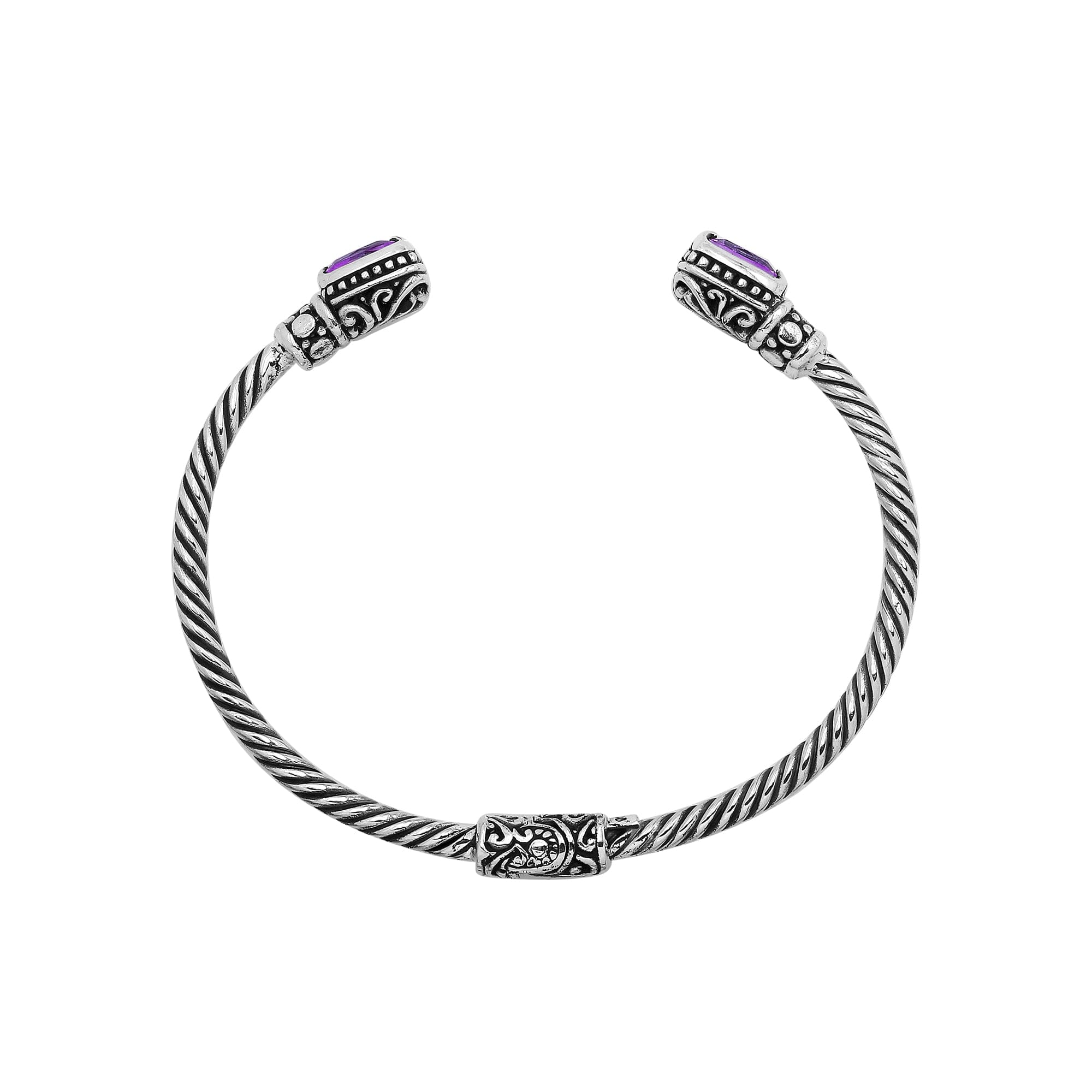 Sterling silver Balinese cuff bangle with Amethyst Quartz accents and detailed scroll design.