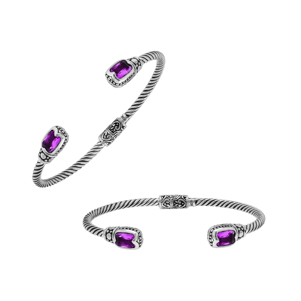 Sterling silver Balinese cuff bangle with Amethyst Quartz accents and detailed scroll design.