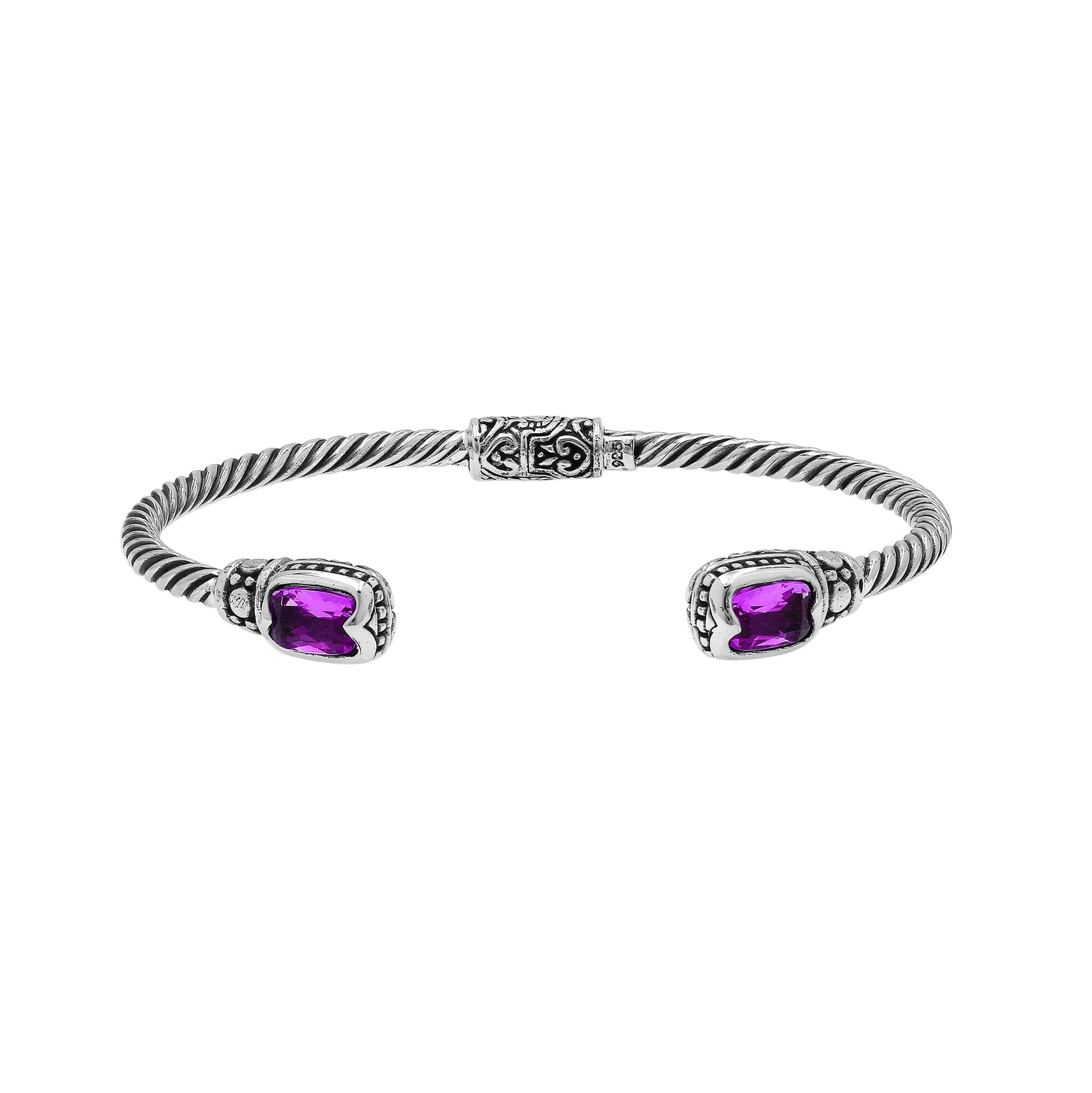 Sterling silver Balinese cuff bangle with Amethyst Quartz accents and detailed scroll design.