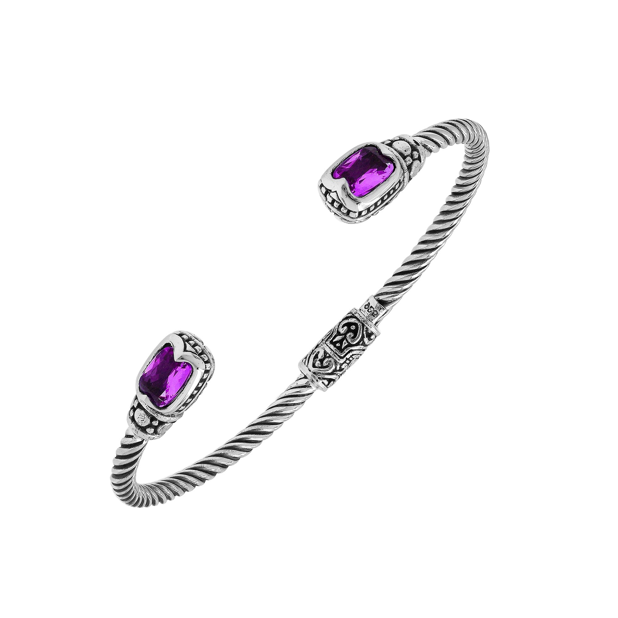 Sterling silver Balinese cuff bangle with Amethyst Quartz accents and detailed scroll design.