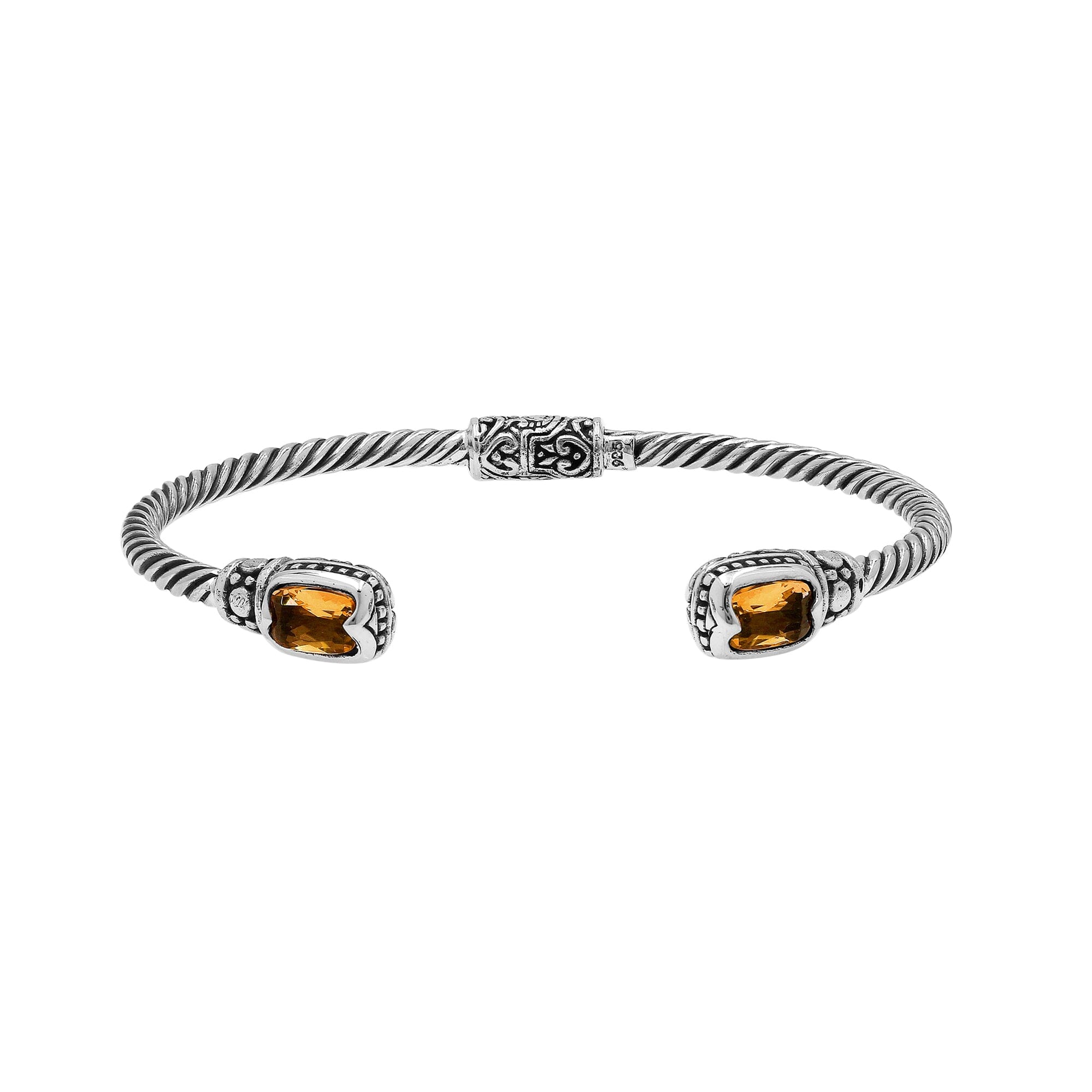 Sterling silver Balinese cuff bangle with Citrine Quartz accents and detailed scrollwork.